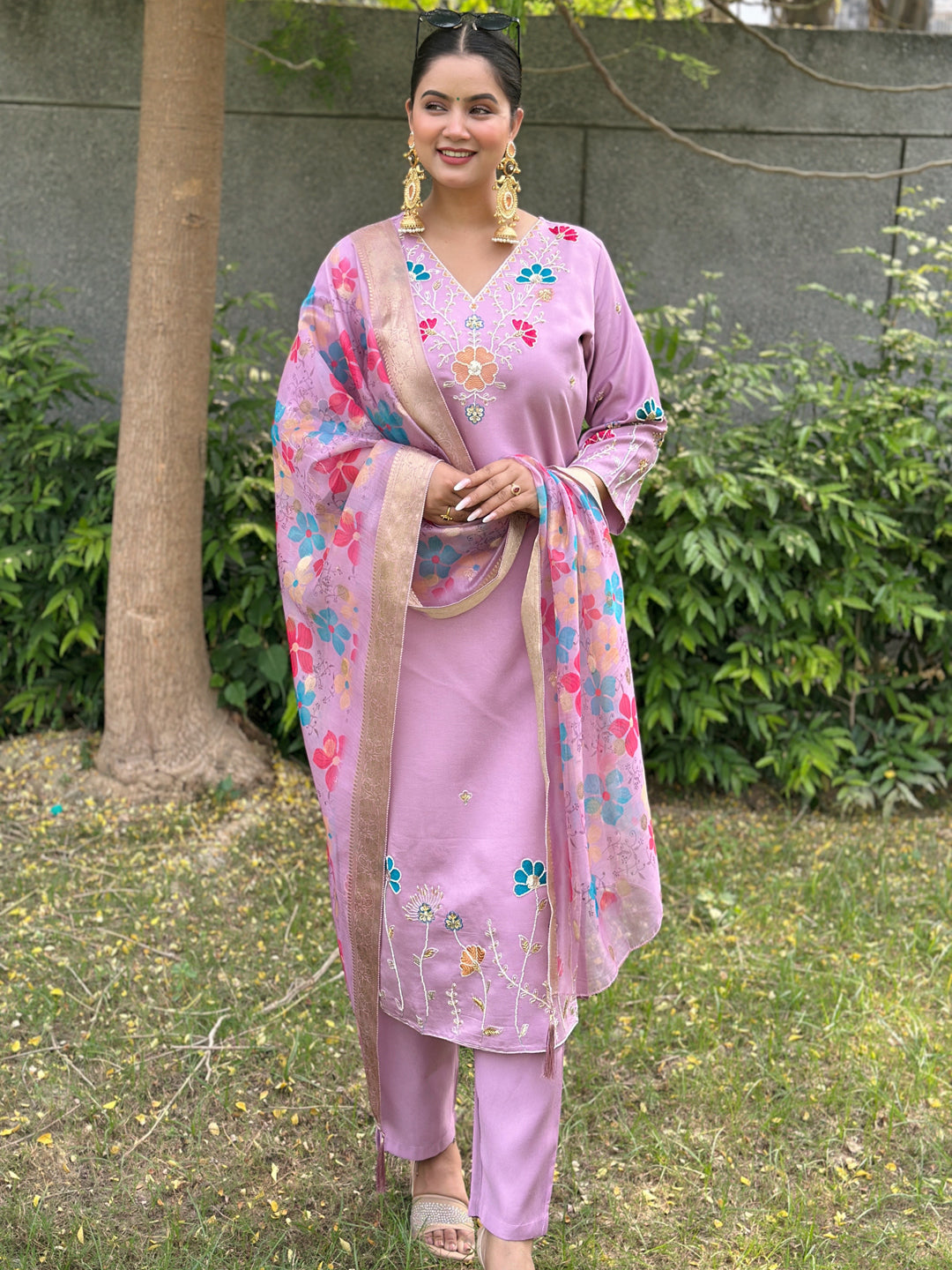 Chaitali Lavender floral Placement Print Viscose Silk Suit Set with Sequence and Hand work