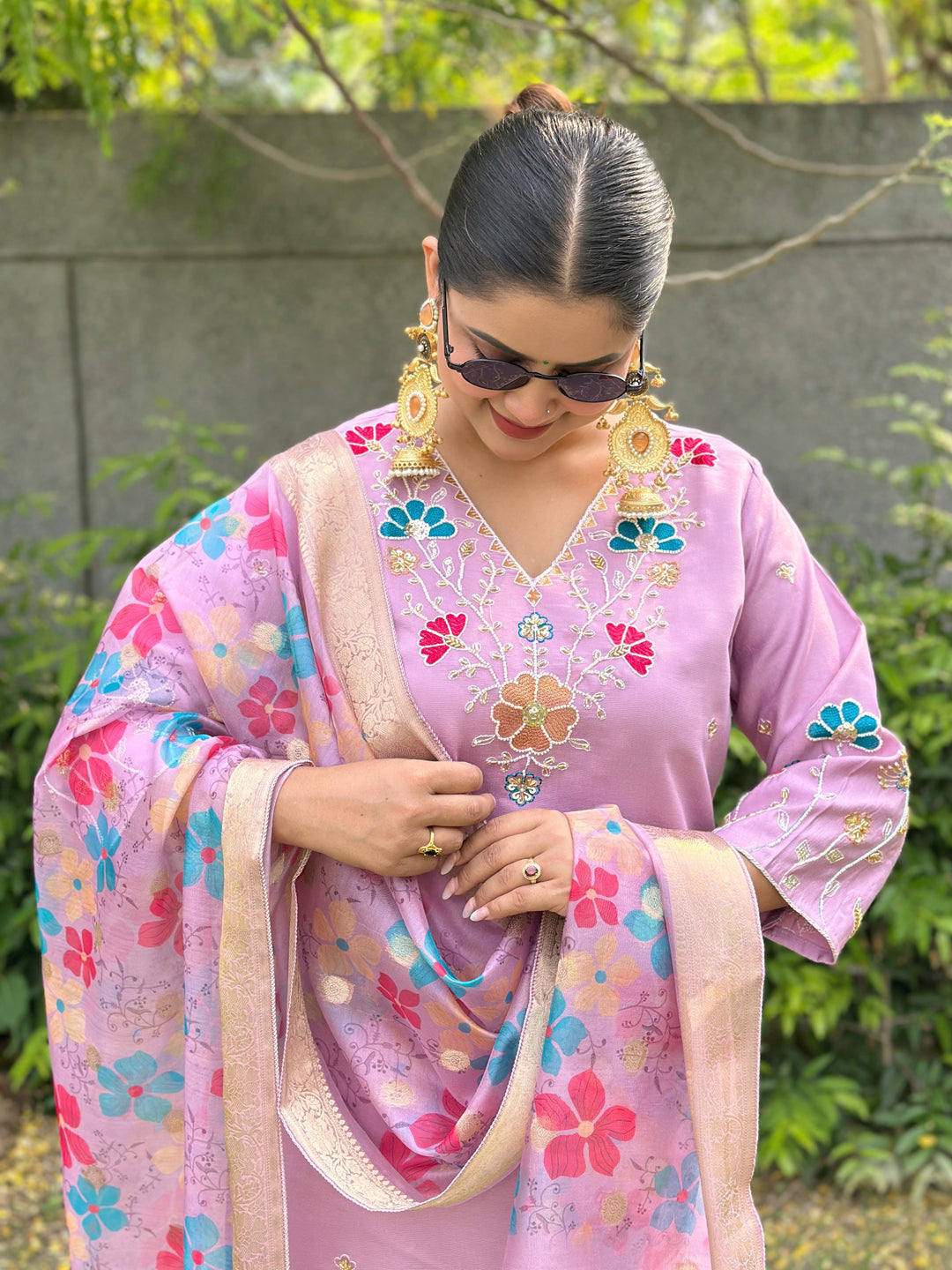 Chaitali Lavender floral Placement Print Viscose Silk Suit Set with Sequence and Hand work