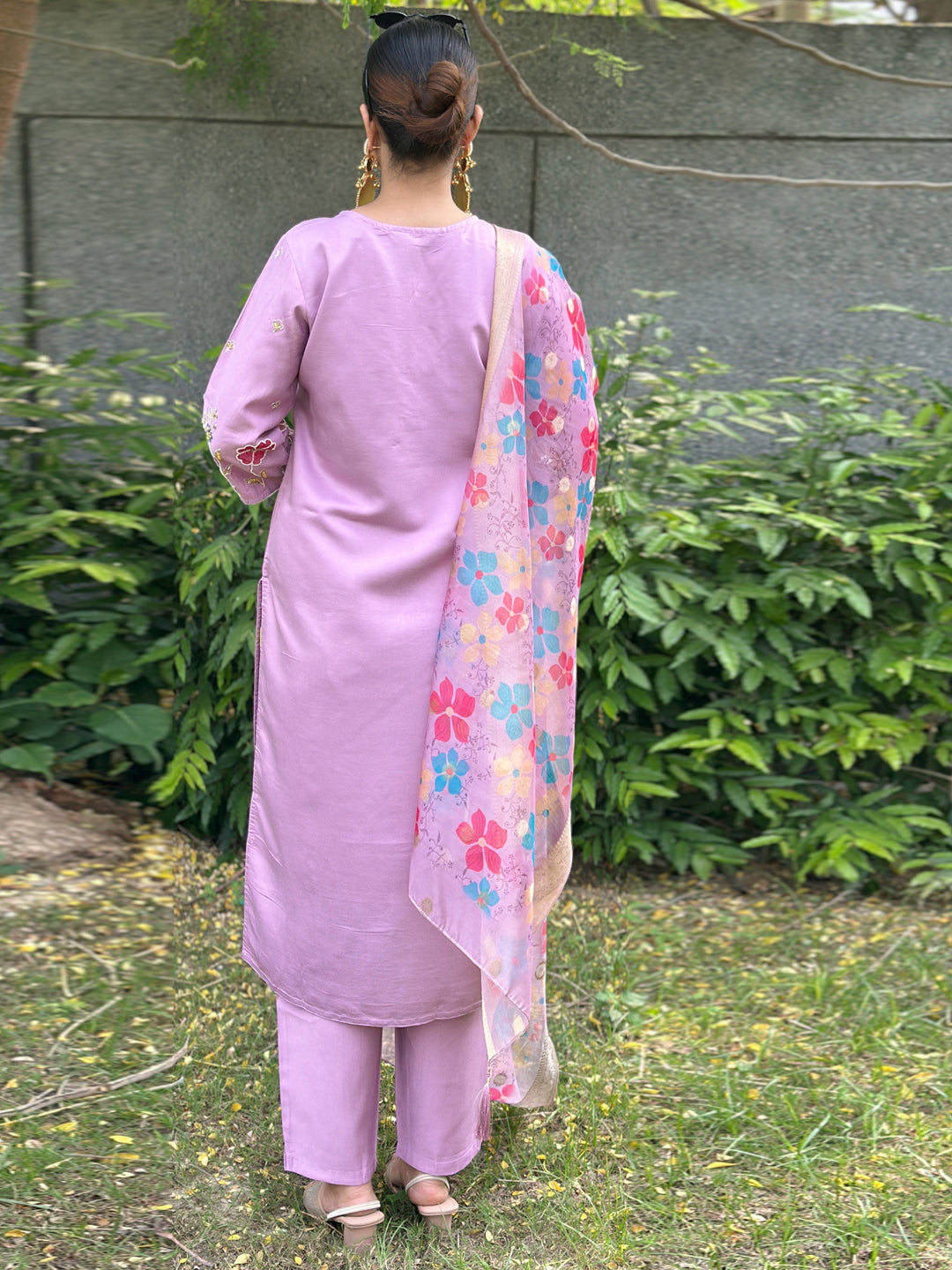 Chaitali Lavender floral Placement Print Viscose Silk Suit Set with Sequence and Hand work