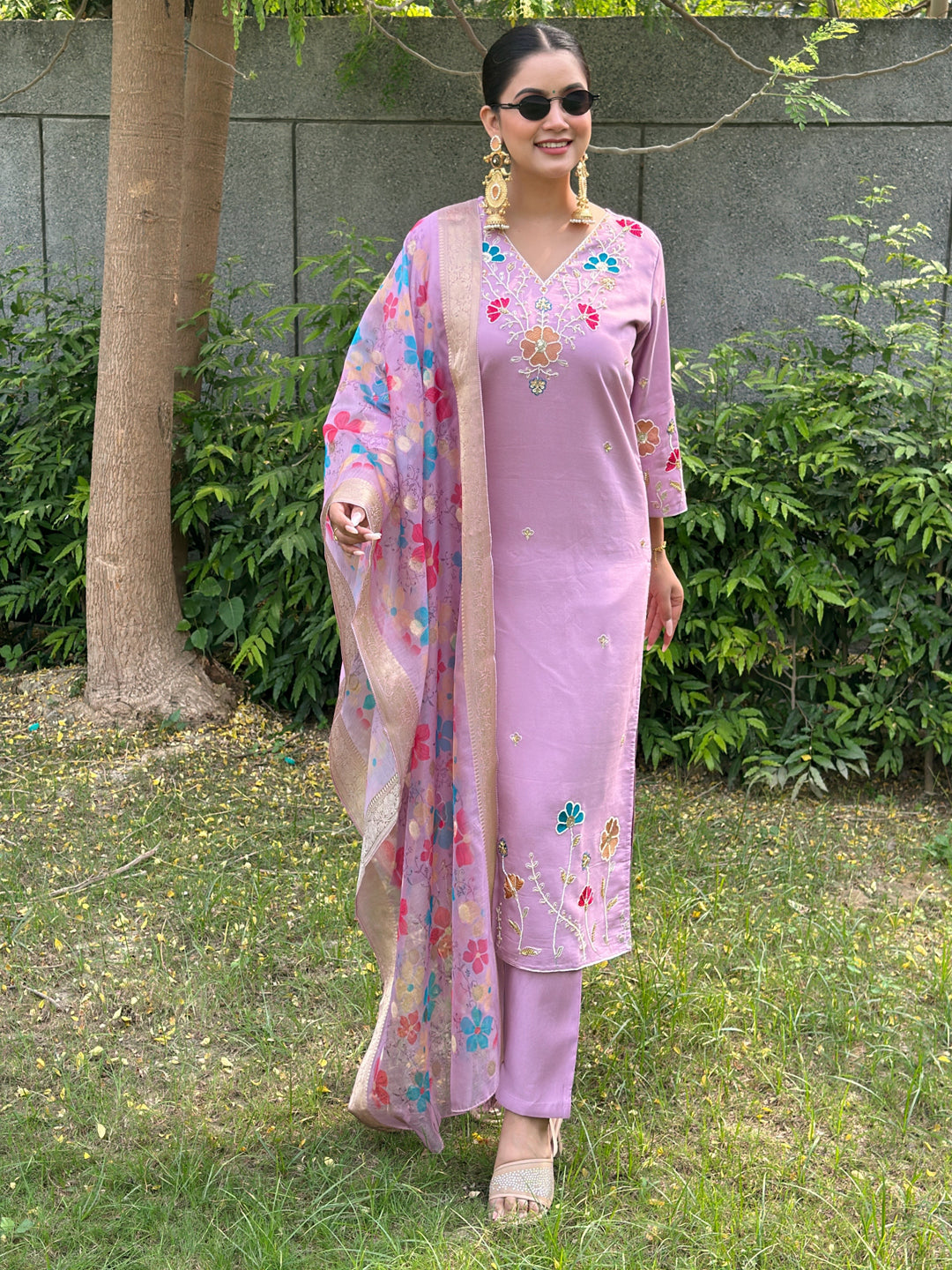 Chaitali Lavender floral Placement Print Viscose Silk Suit Set with Sequence and Hand work