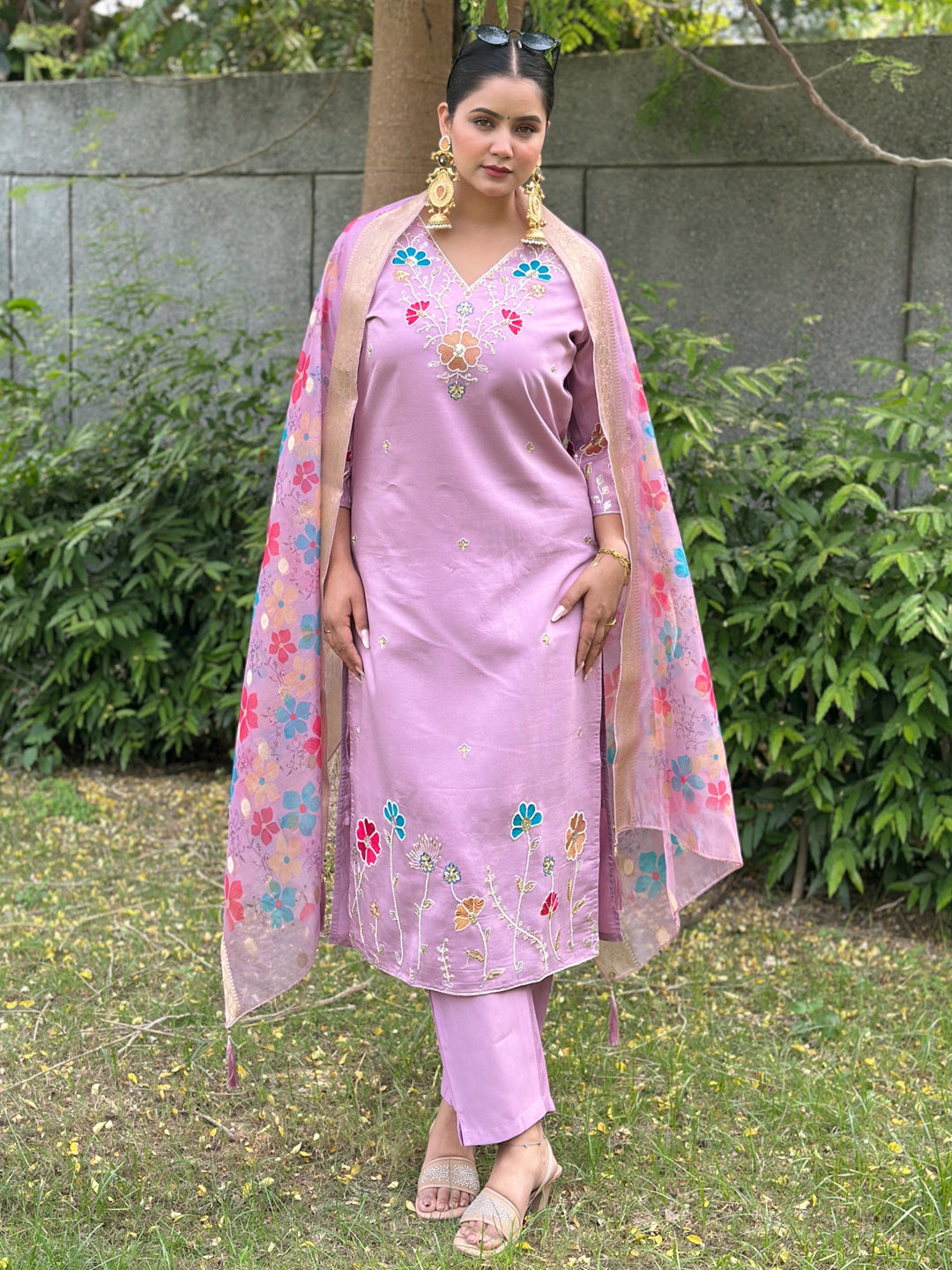Chaitali Lavender floral Placement Print Viscose Silk Suit Set with Sequence and Hand work