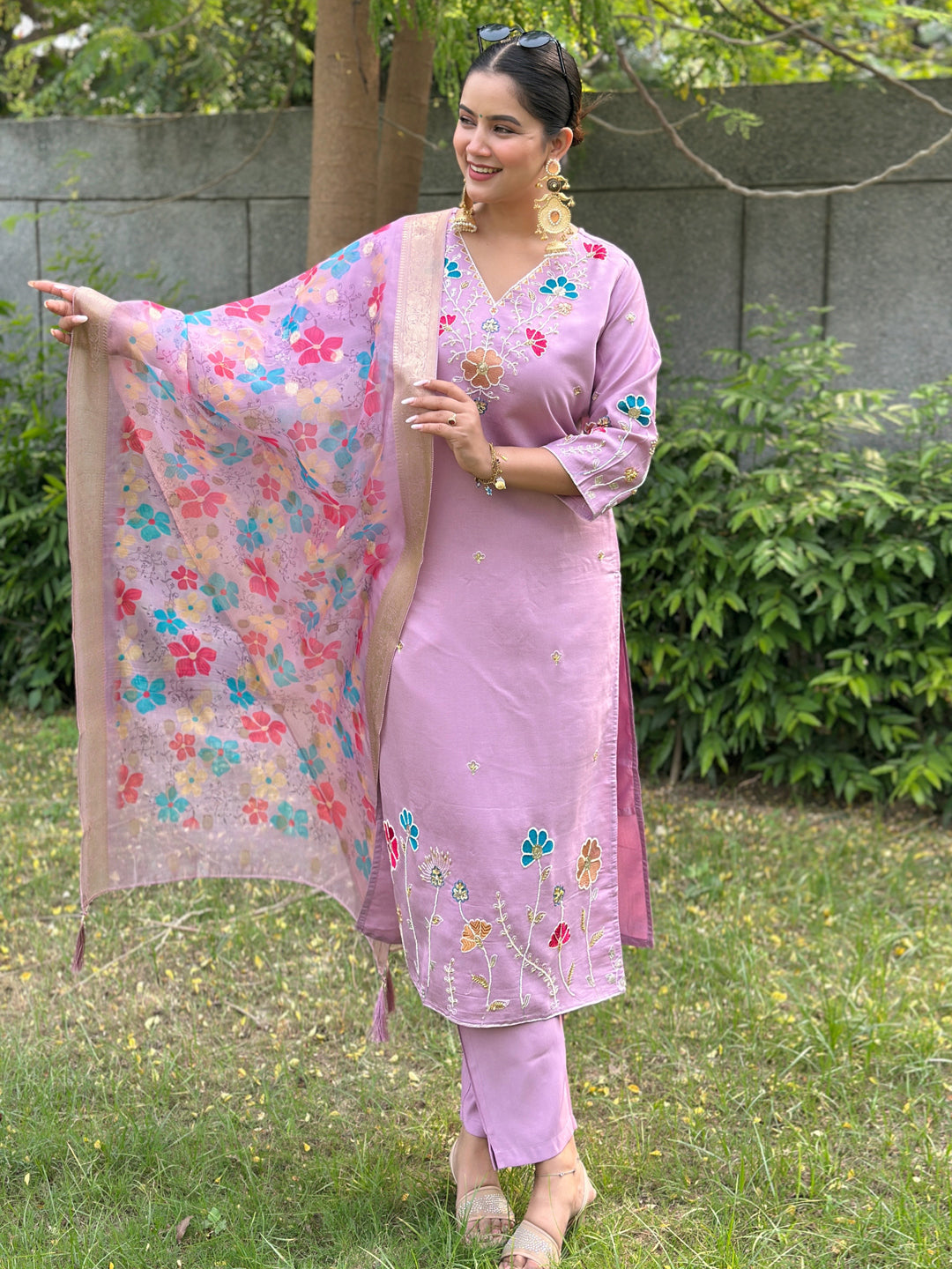 Chaitali Lavender floral Placement Print Viscose Silk Suit Set with Sequence and Hand work