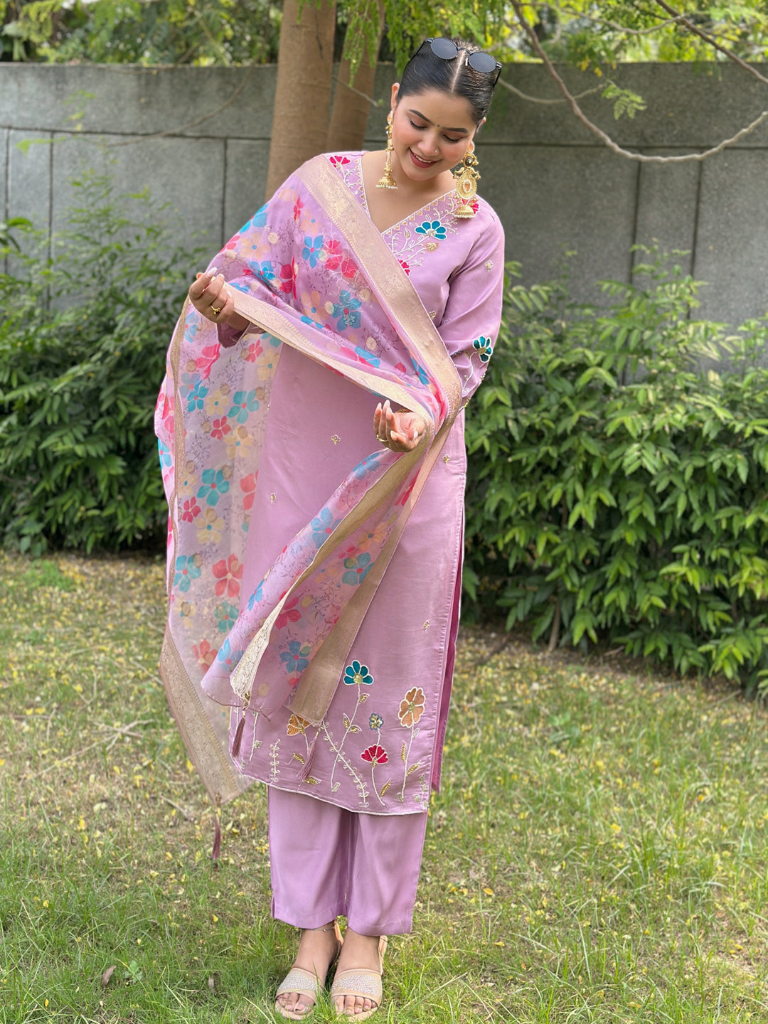 Chaitali Lavender floral Placement Print Viscose Silk Suit Set with Sequence and Hand work