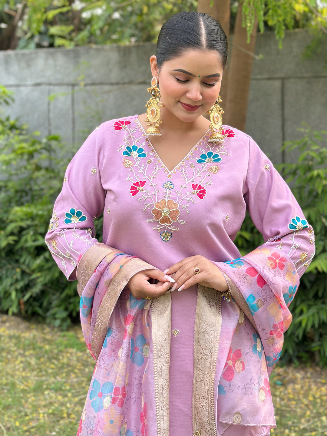 Chaitali Lavender floral Placement Print Viscose Silk Suit Set with Sequence and Hand work