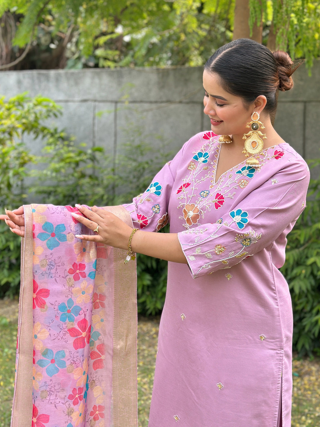 Chaitali Lavender floral Placement Print Viscose Silk Suit Set with Sequence and Hand work