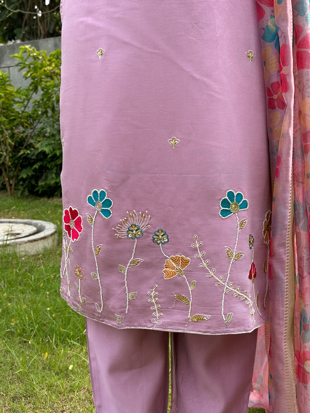 Chaitali Lavender floral Placement Print Viscose Silk Suit Set with Sequence and Hand work