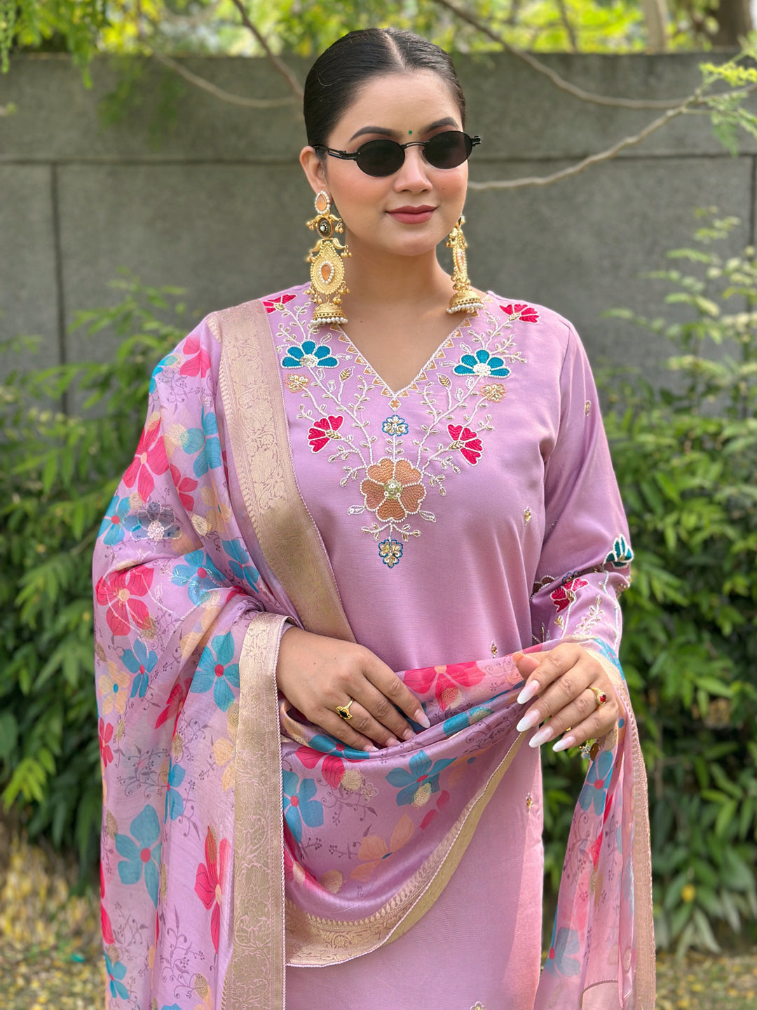 Chaitali Lavender floral Placement Print Viscose Silk Suit Set with Sequence and Hand work