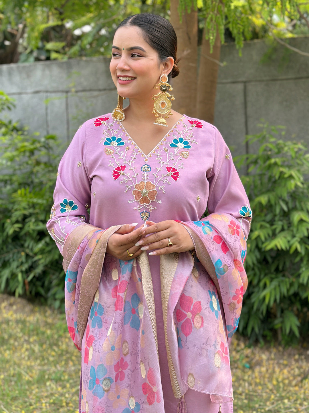 Chaitali Lavender floral Placement Print Viscose Silk Suit Set with Sequence and Hand work