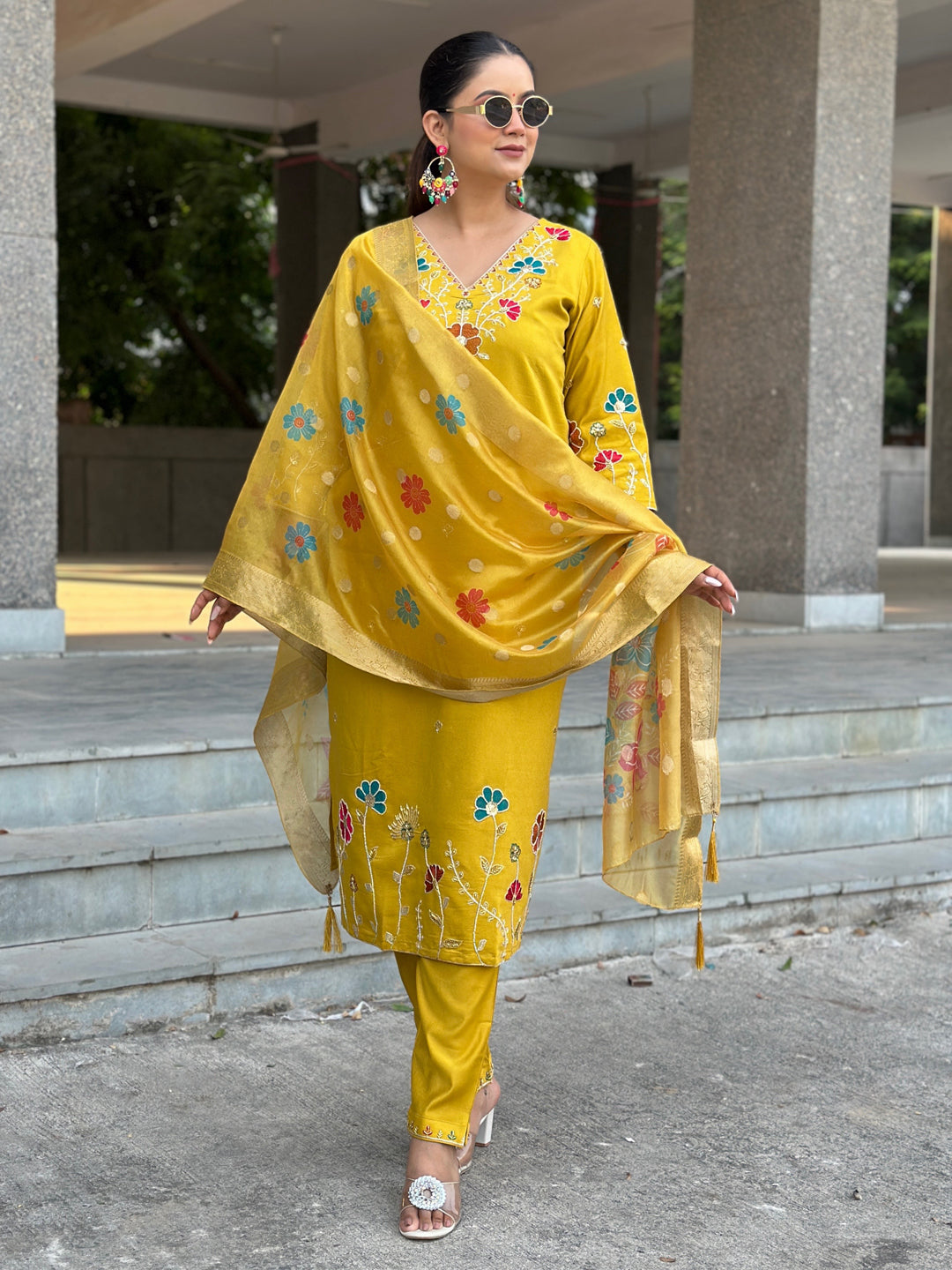 Nyra Floral Embroidered Hand Work Suits Yellow Kurta Pant Sets With Dupatta