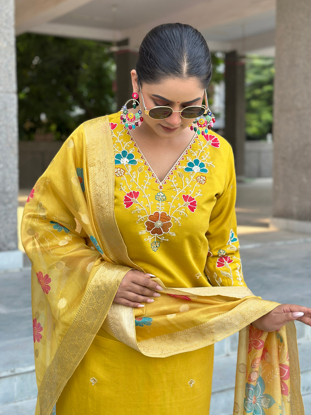 Nyra Floral Embroidered Hand Work Suits Yellow Kurta Pant Sets With Dupatta