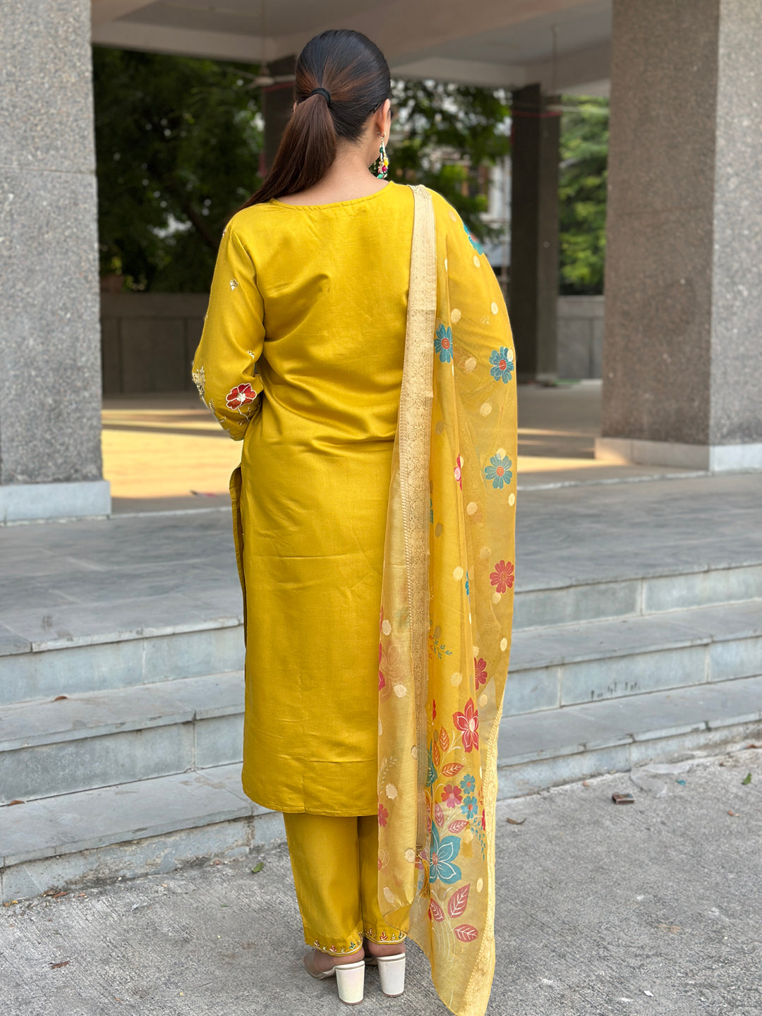 Nyra Floral Embroidered Hand Work Suits Yellow Kurta Pant Sets With Dupatta