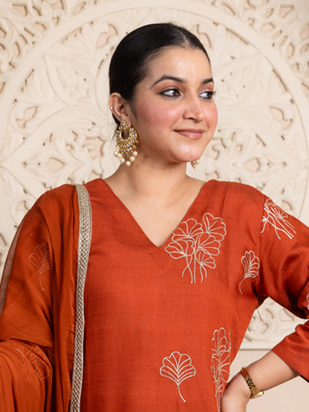 Tridha Rust Yoke Design Silk Blend Straight Suit With Dupatta