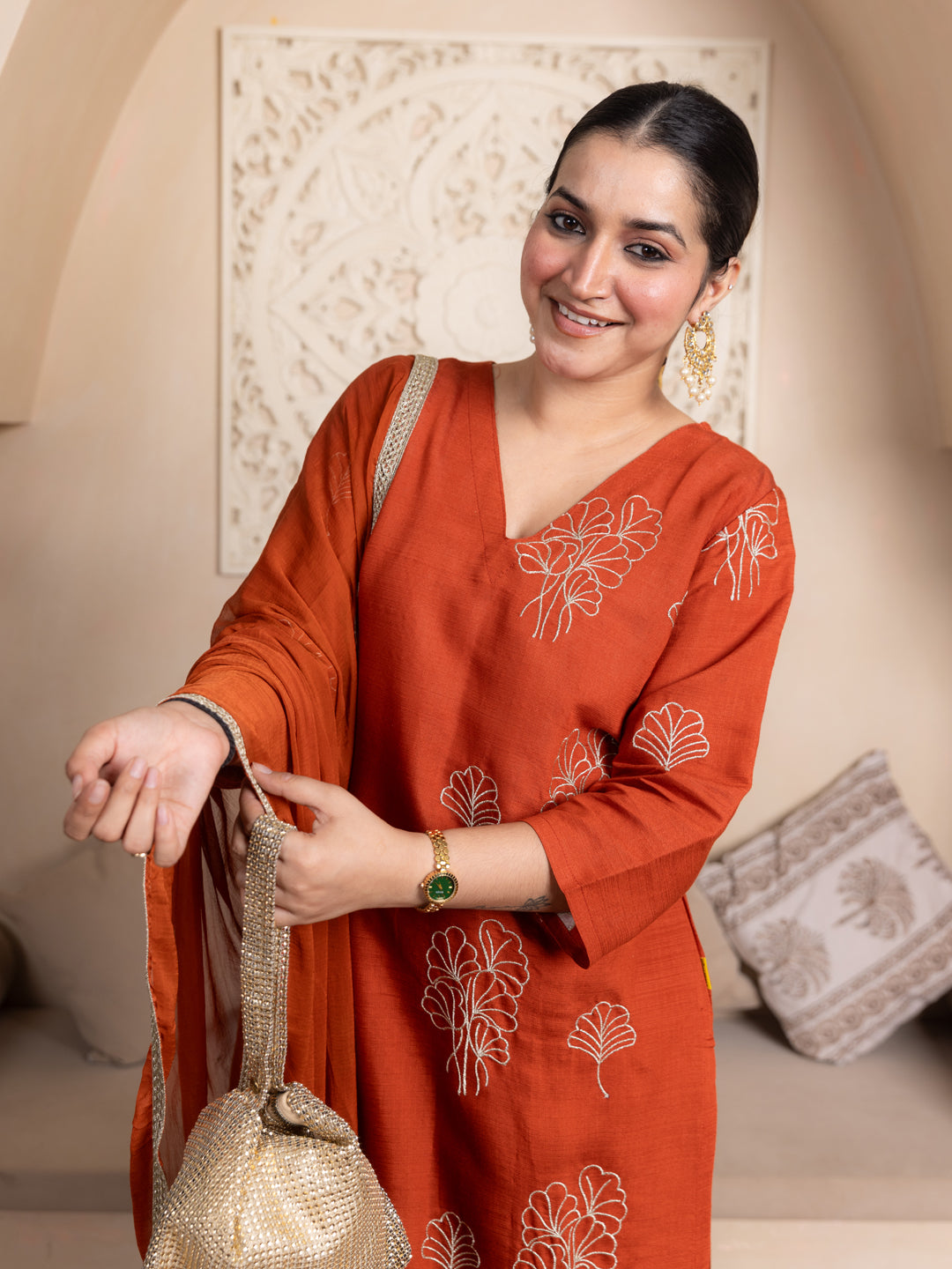 Tridha Rust Yoke Design Silk Blend Straight Suit With Dupatta