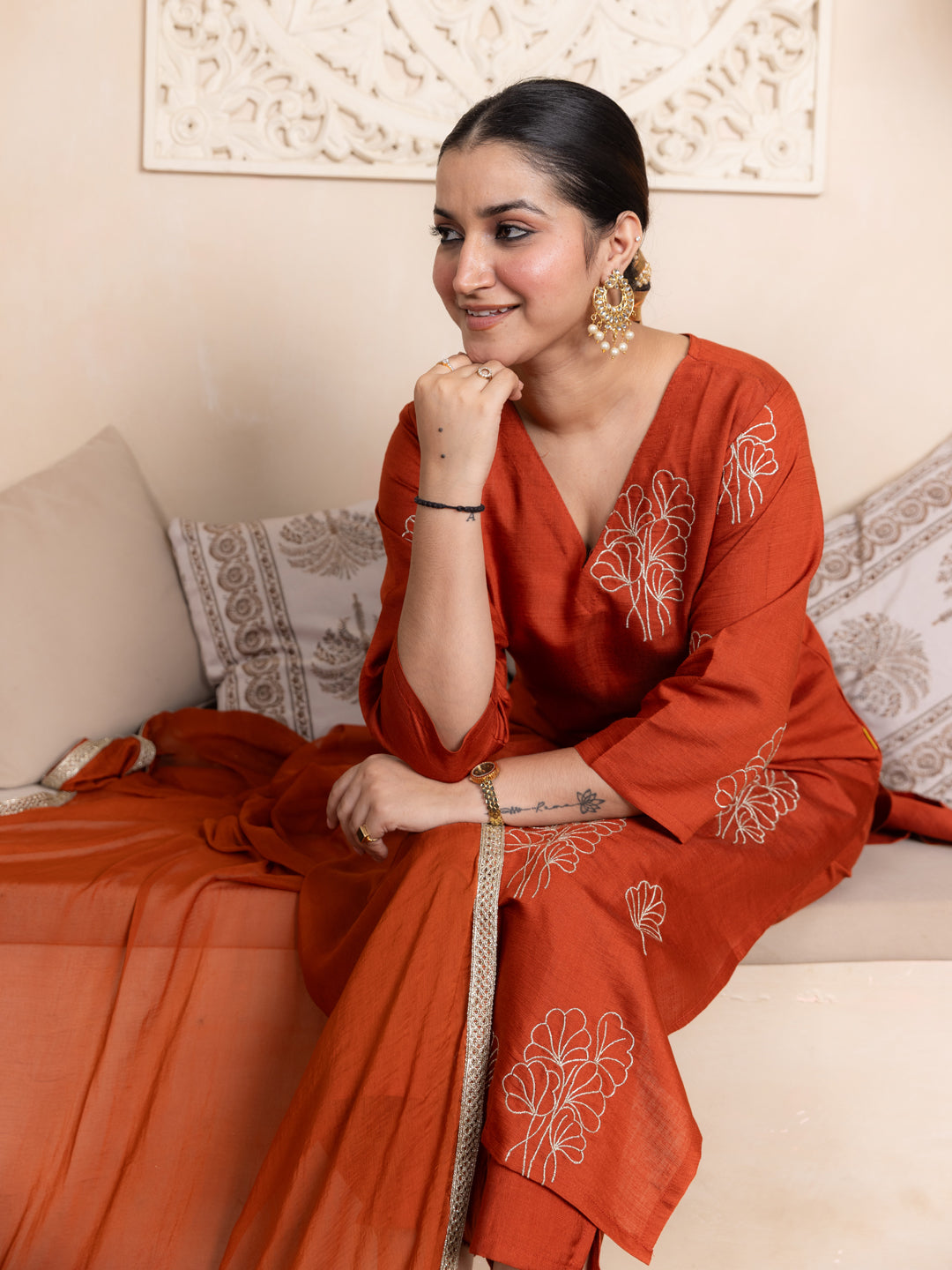 Tridha Rust Yoke Design Silk Blend Straight Suit With Dupatta