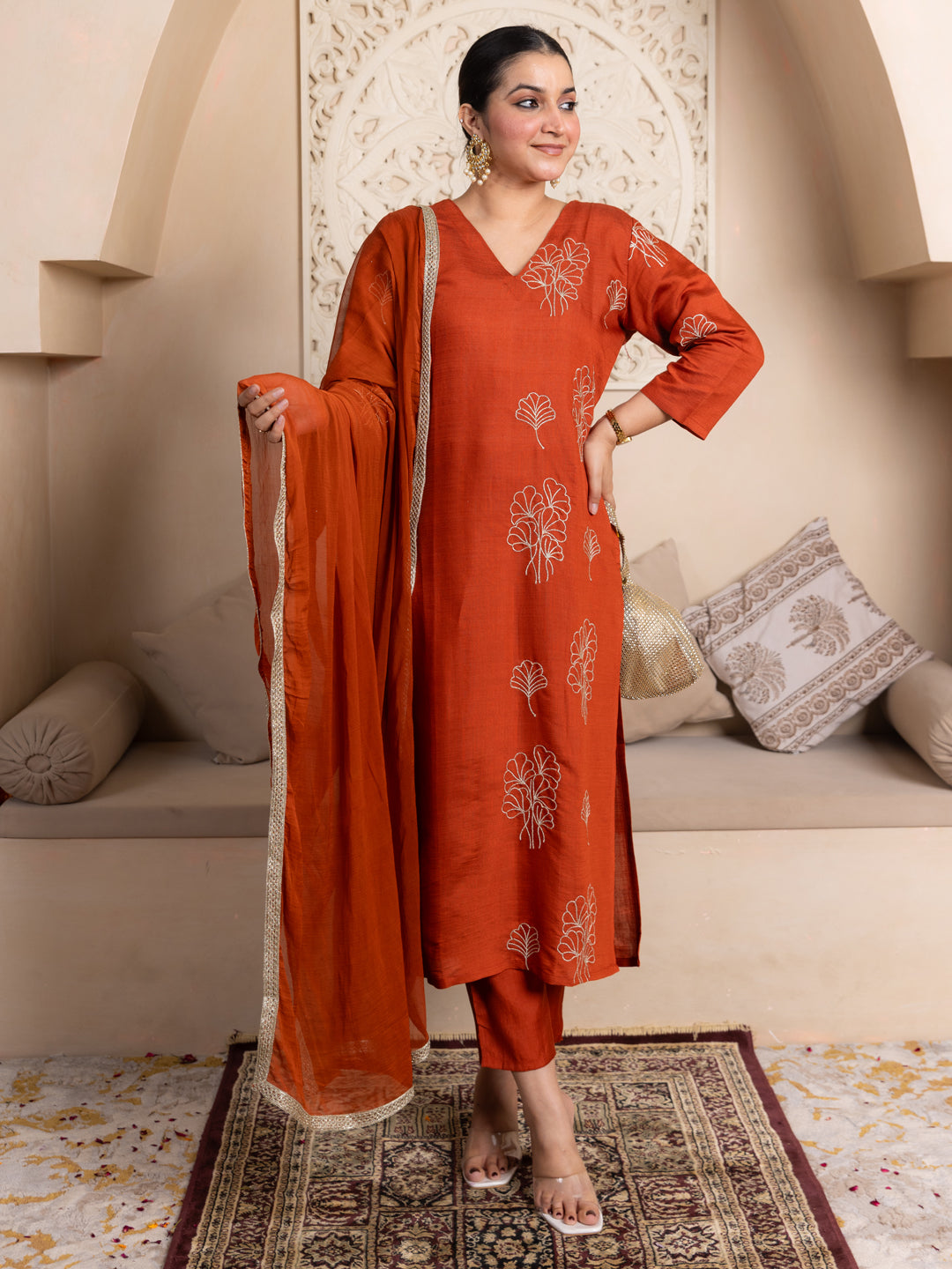 Tridha Rust Yoke Design Silk Blend Straight Suit With Dupatta