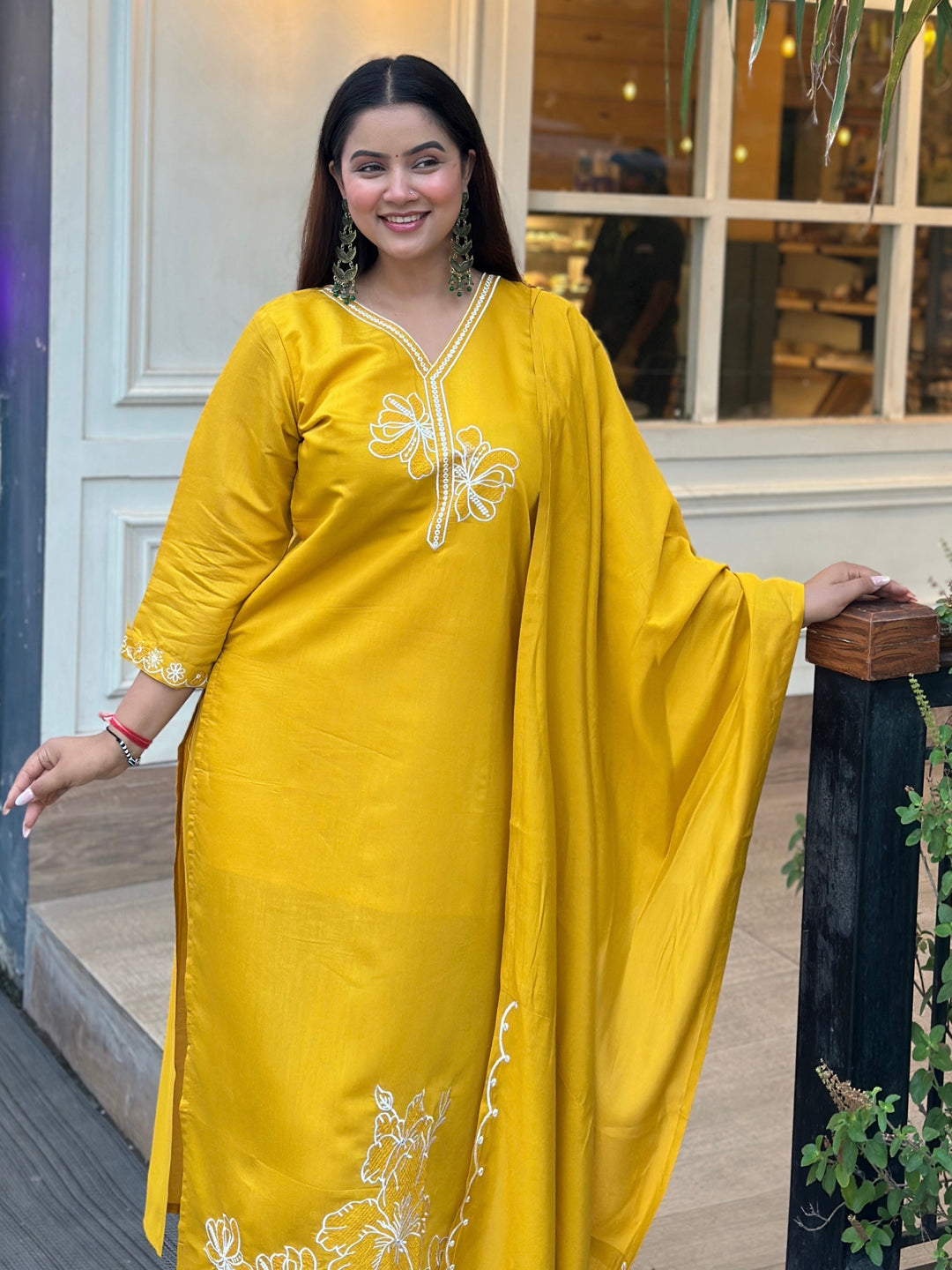 Twinkal Yellow Kurta and Pant Dupatta Sets Silk Blend Fabrics with Embroidery