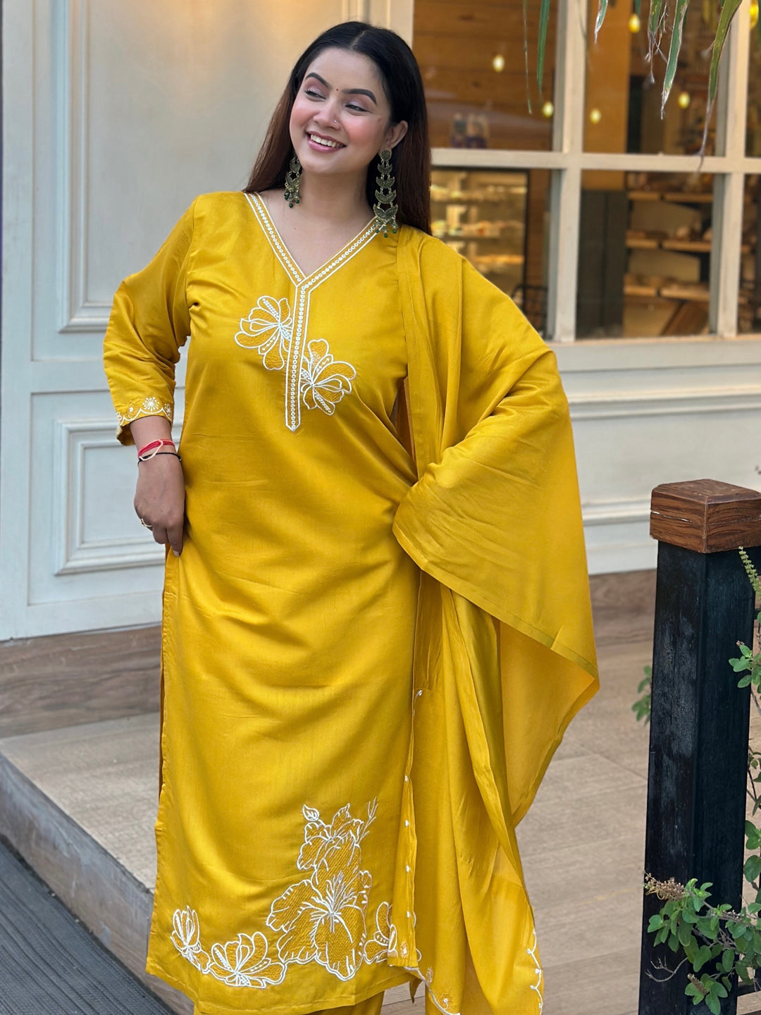 Twinkal Yellow Kurta and Pant Dupatta Sets Silk Blend Fabrics with Embroidery
