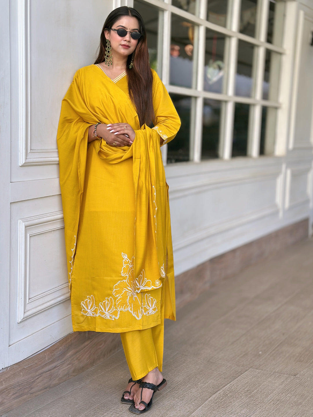 Twinkal Yellow Kurta and Pant Dupatta Sets Silk Blend Fabrics with Embroidery