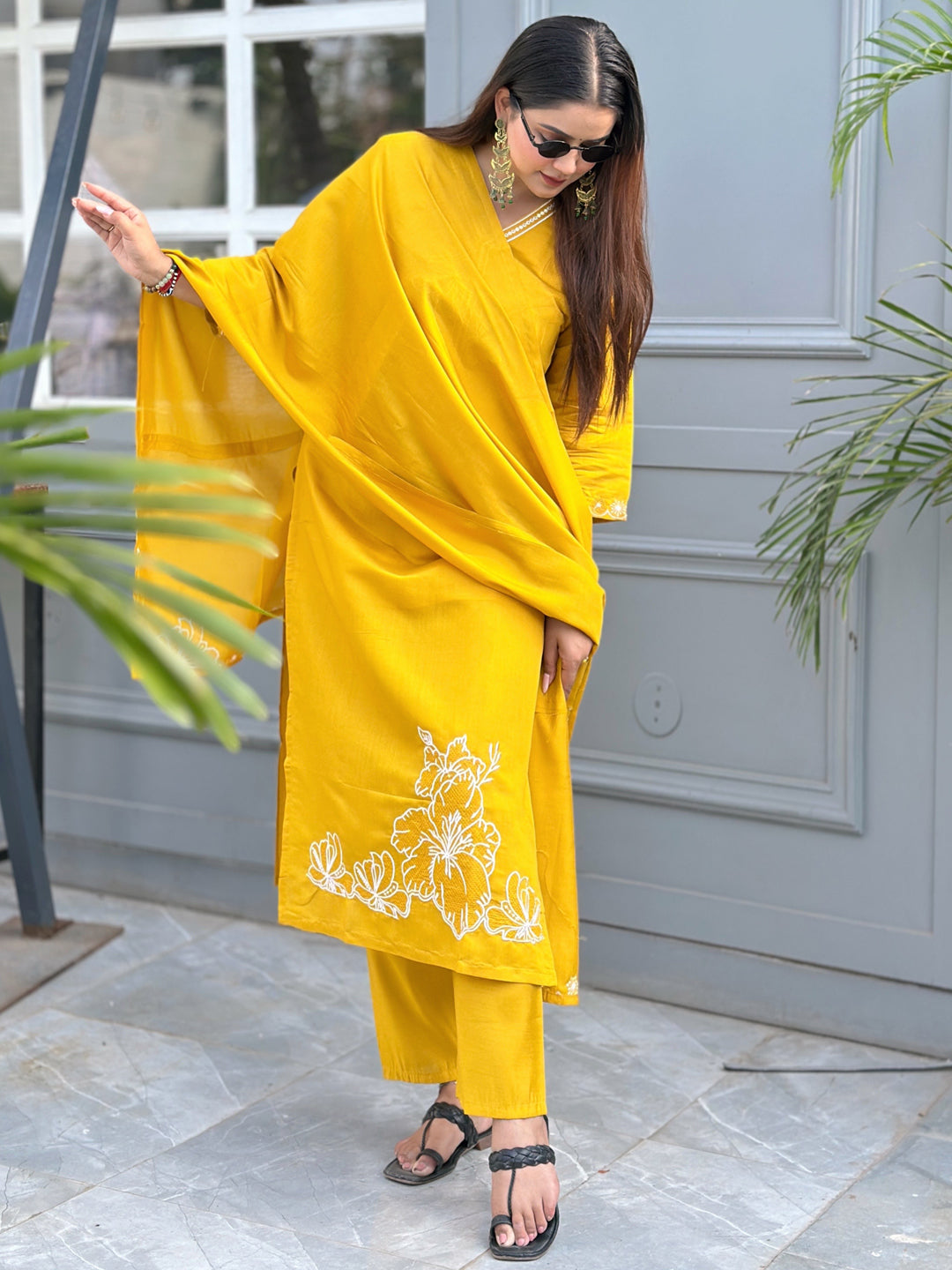 Twinkal Yellow Kurta and Pant Dupatta Sets Silk Blend Fabrics with Embroidery