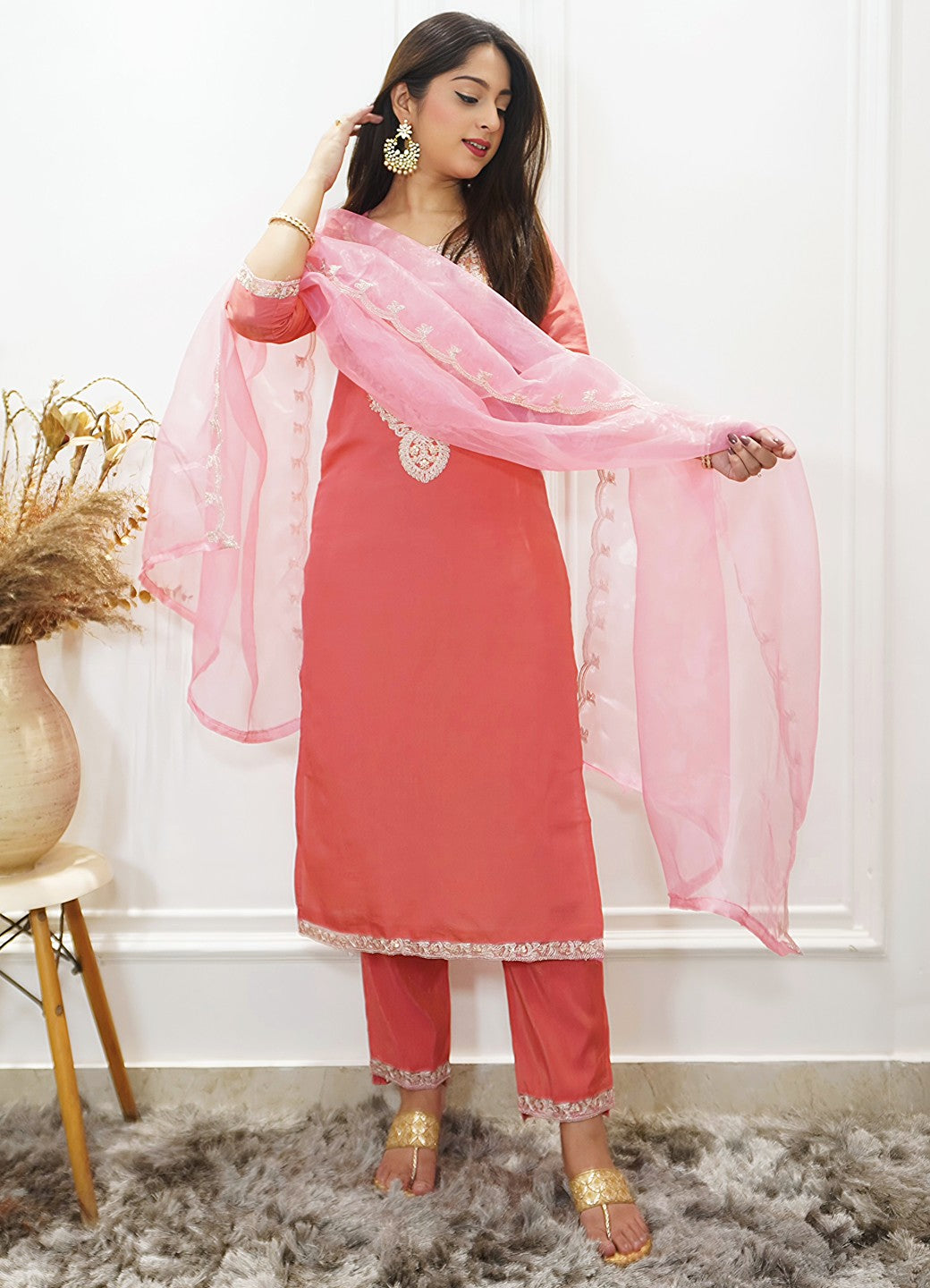 Sohbat Peach Silk Blend Calf Length Embroidered Straight Suit Set