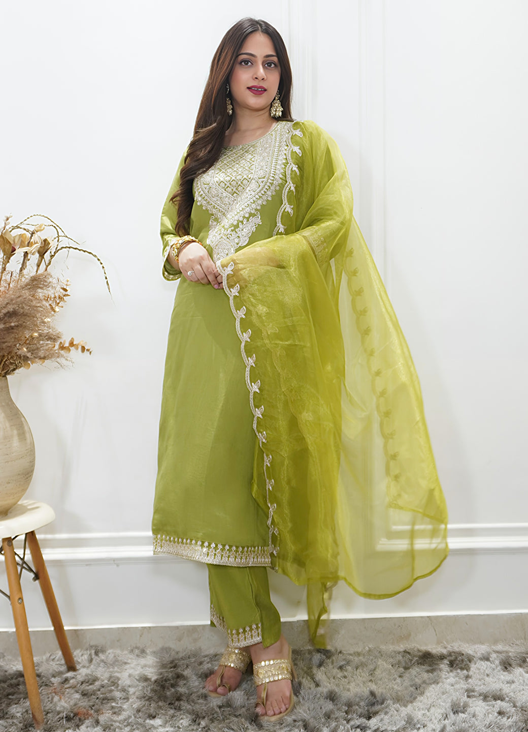 Saubhagyavati Pista Silk Blend Calf Length Embroidered Straight Suit Set