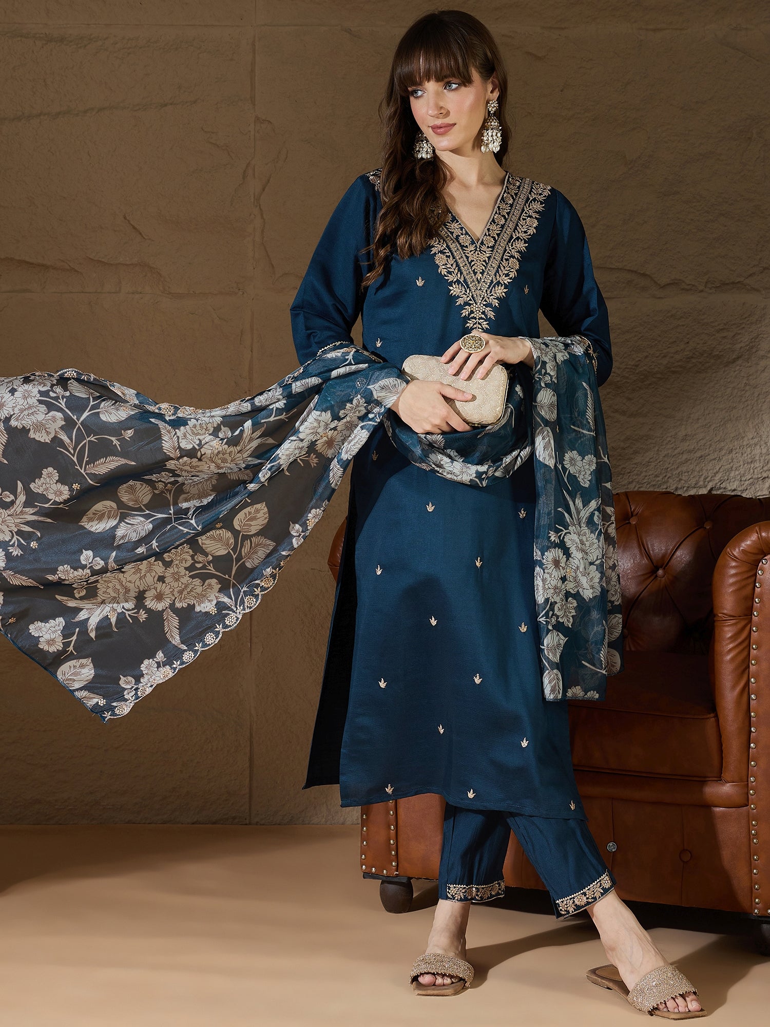 Manu Charm Teal Yoke Design Silk Blend Straight Suit With Dupatta