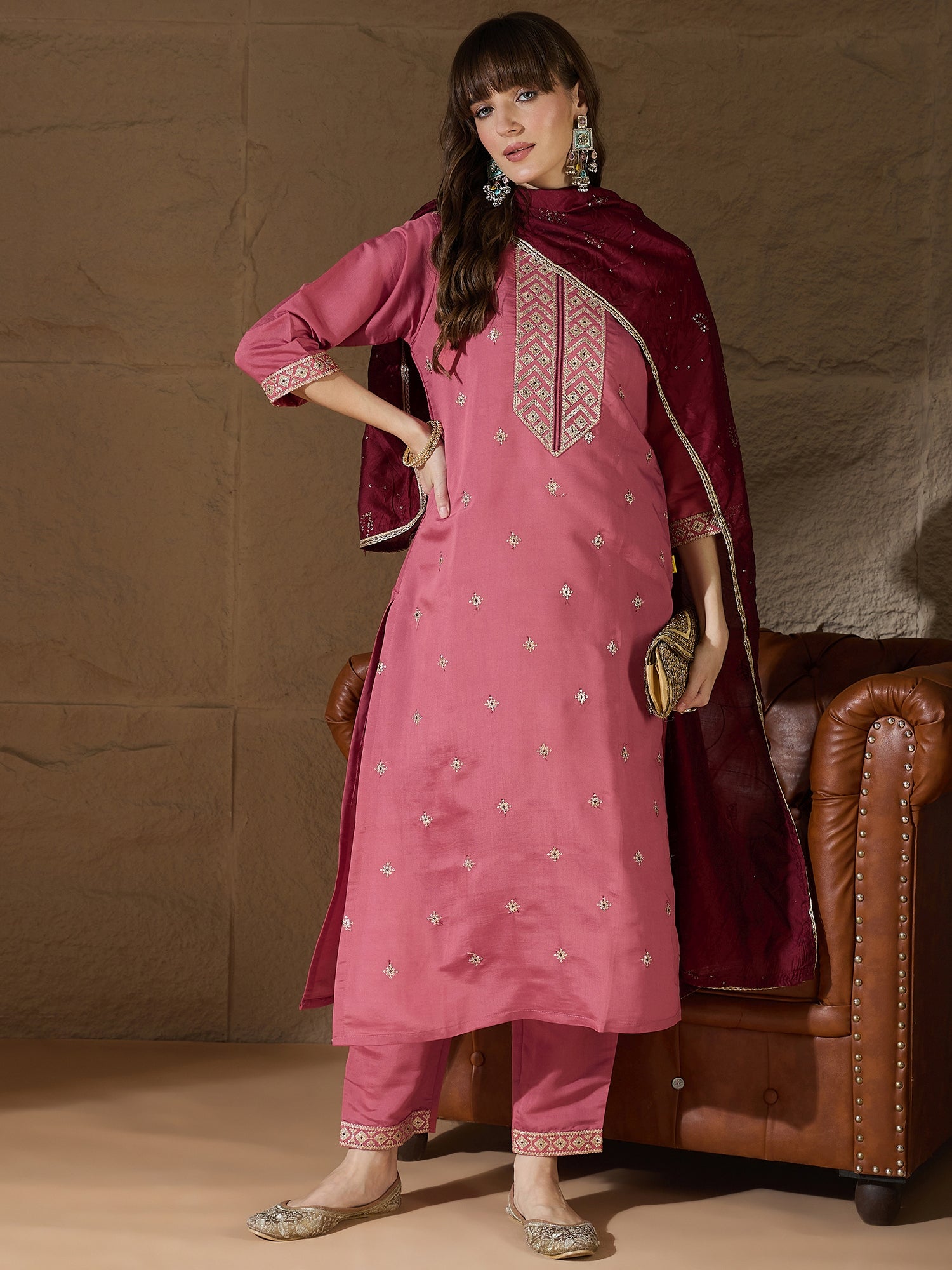 Monalika peach Women Kurta and Pant Sets Silk Blend Fabric