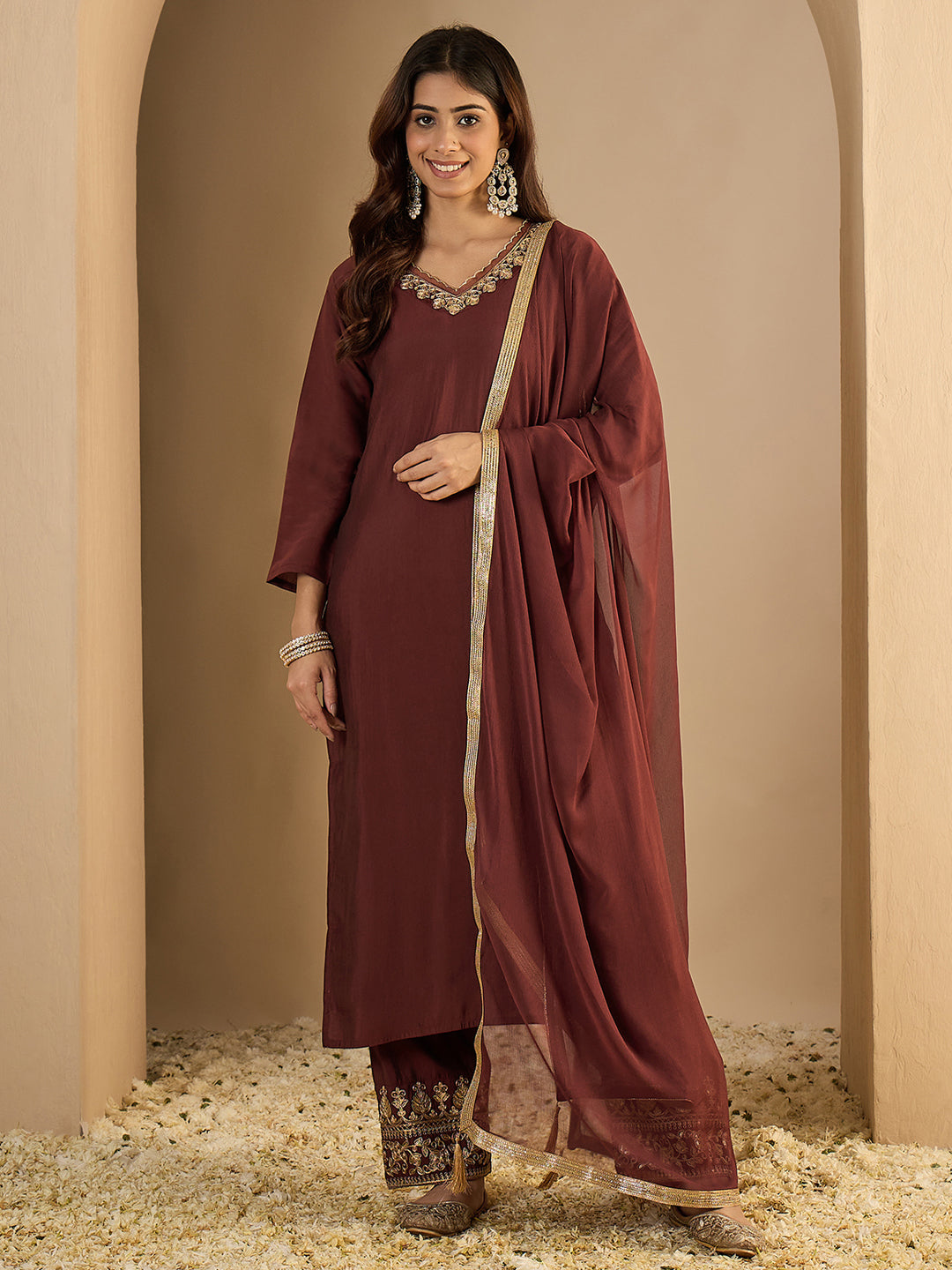 Pinaki Embroidered Silk Blend Calf Length Straight Kurta with Palazzo & Dupatta Set