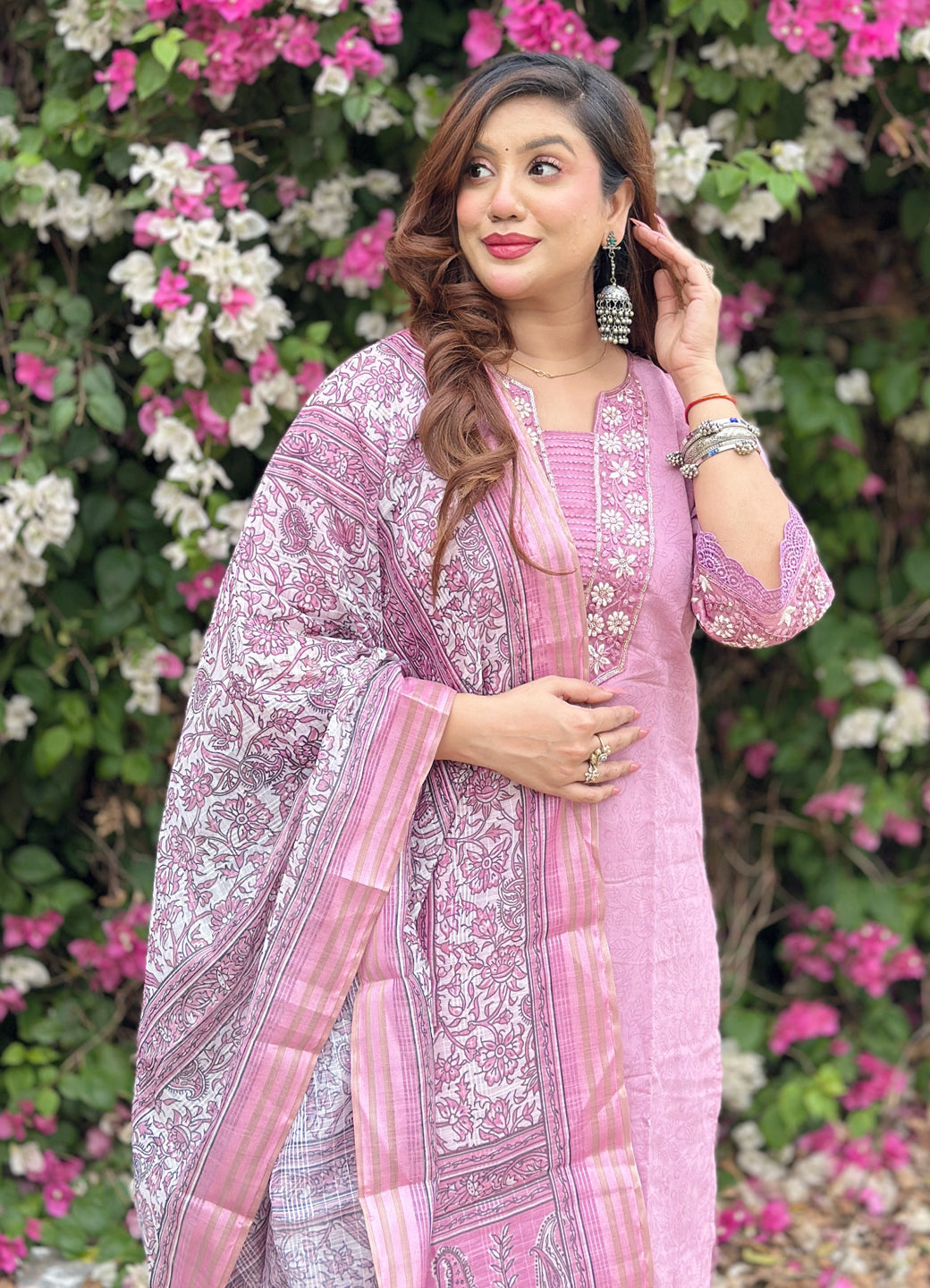 Lavanya Women's Embroidered Silk Blend Calf Length Straight Kurta Trouser with Dupatta Set