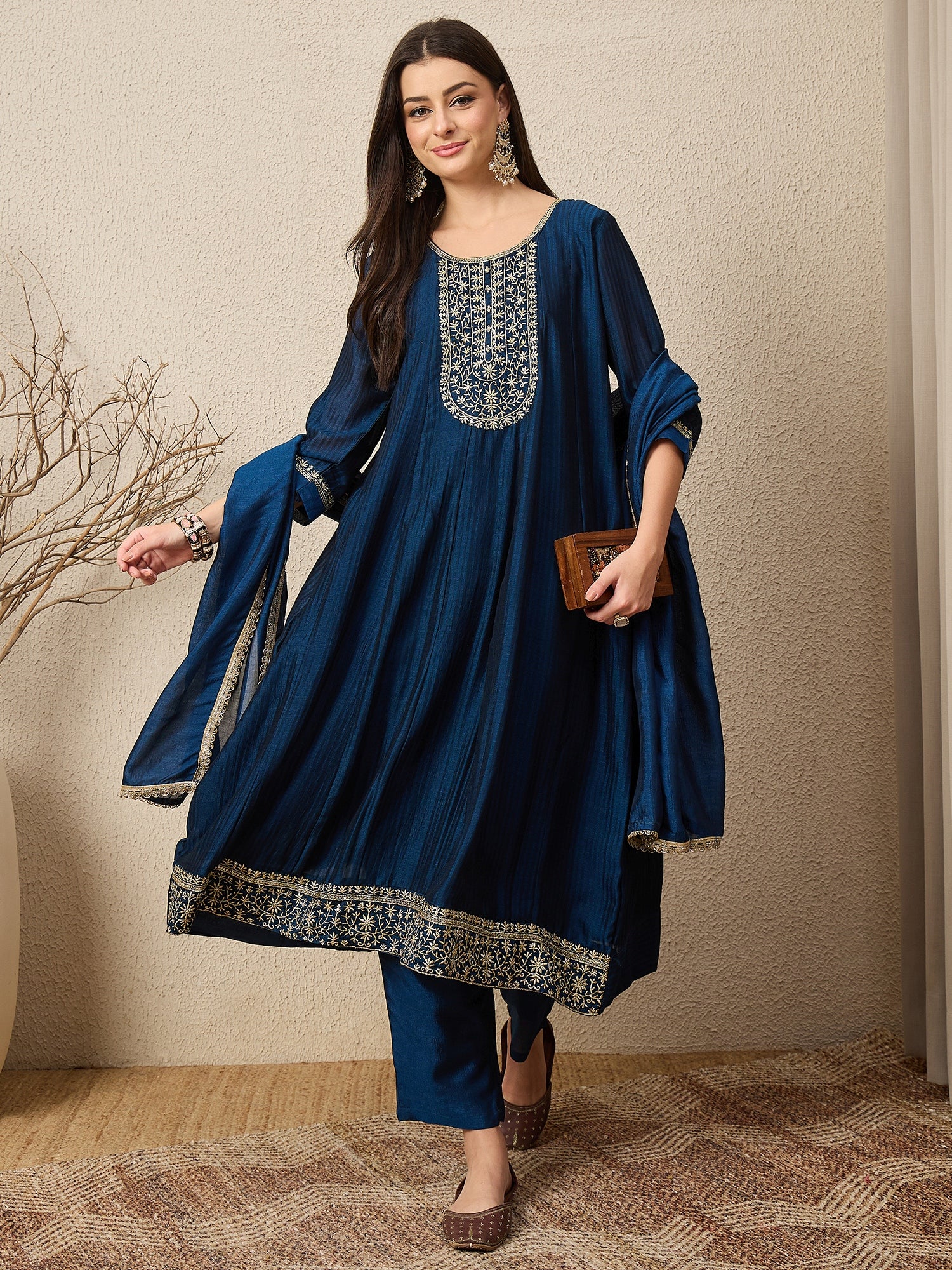 Shagun Teal Embroidered Silk Blend Anarkali Kurta Pant With Dupatta Set