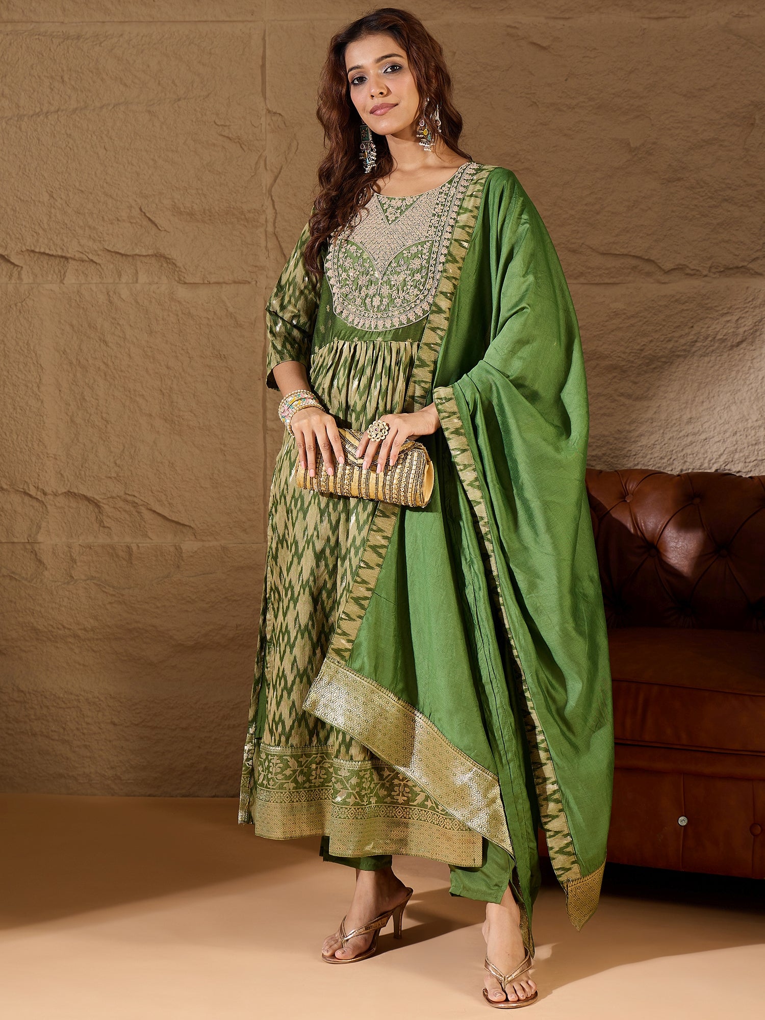 Damini Mehndi Cotton Silk Embellished Flared Suit Set
