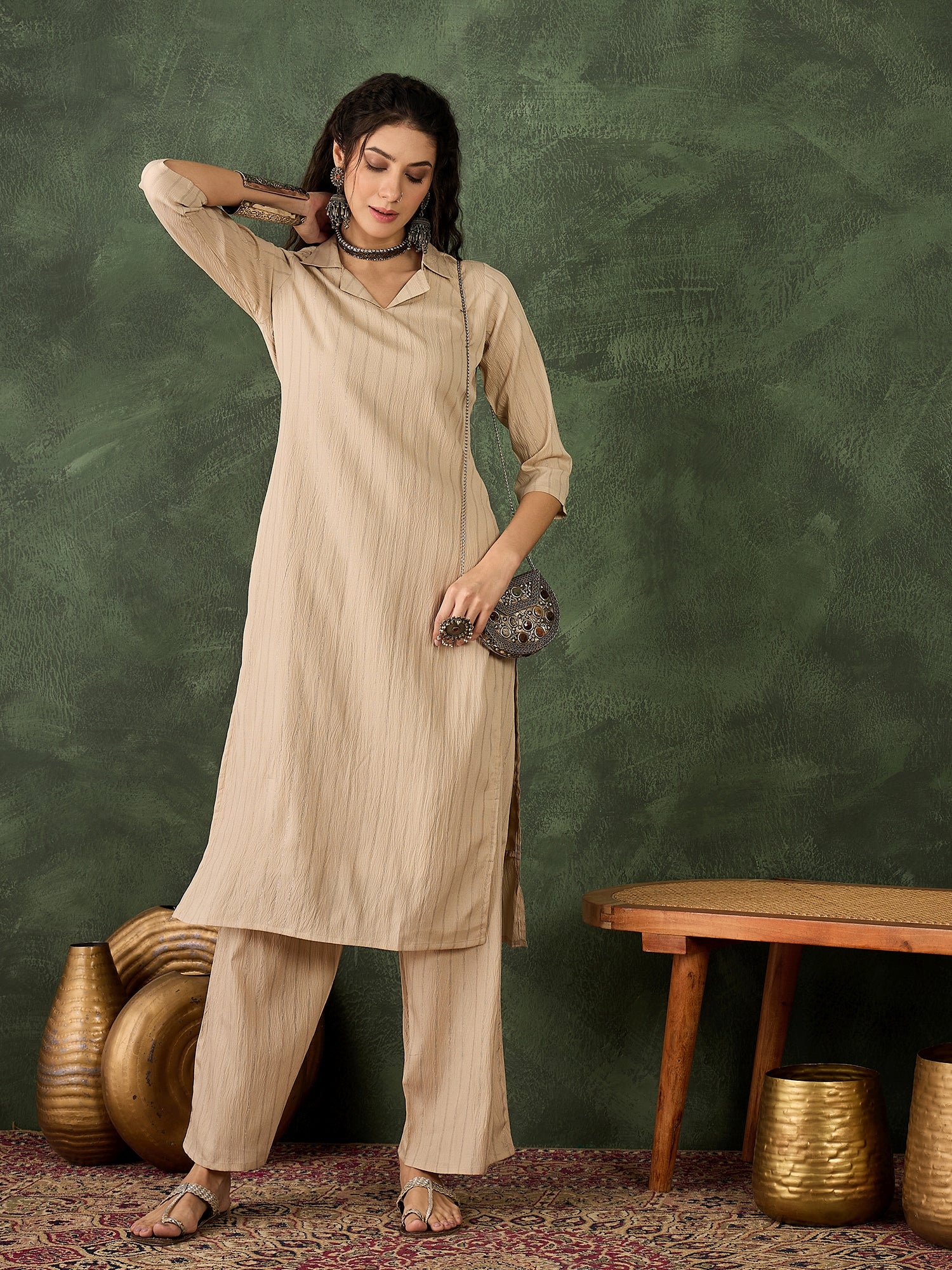 Mishka Women's Office, Festive Wear Cream Straight Kurta & Pant, Co-ord Set