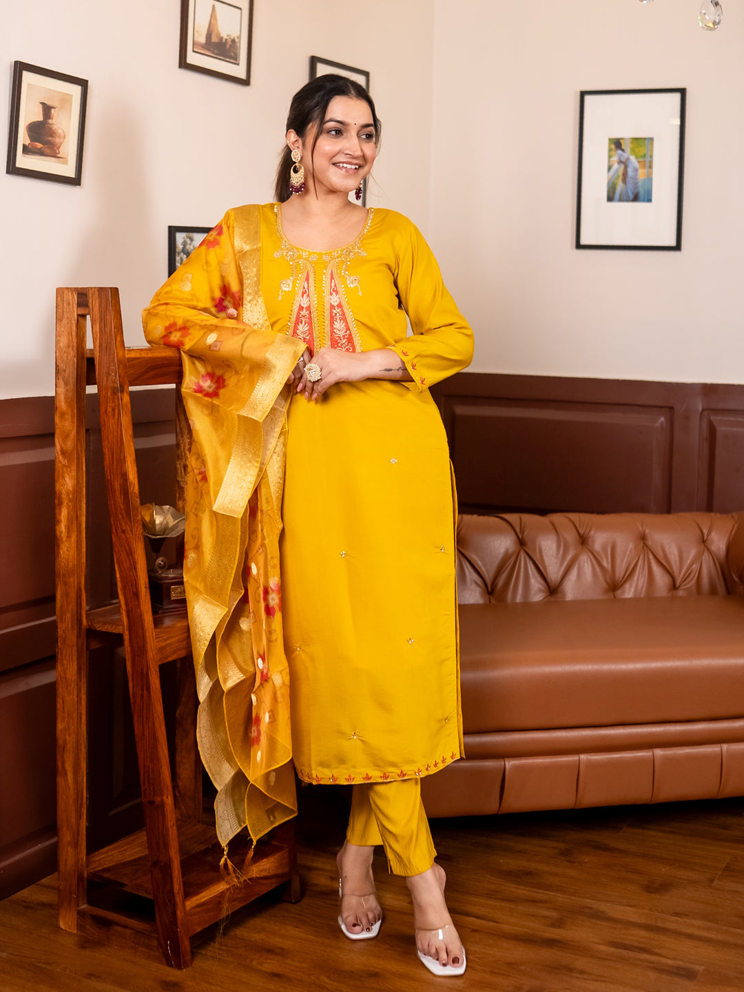 Akshara  Yellow Silk Blend Kurta Set with Beaded Embroidered Design & Organza Dupatta