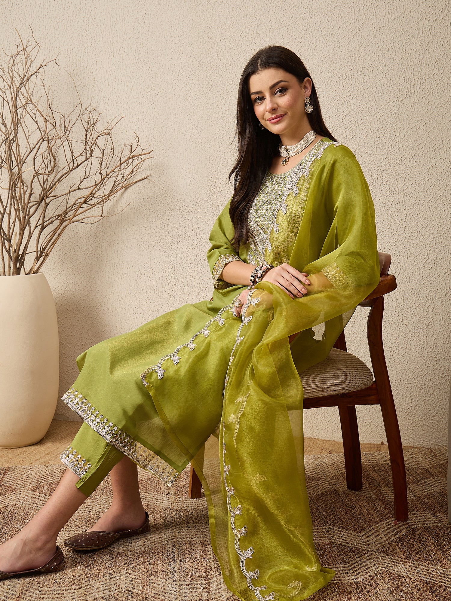 Saheli Pista Silk Blend Calf Length Embroidered Straight Suit Set