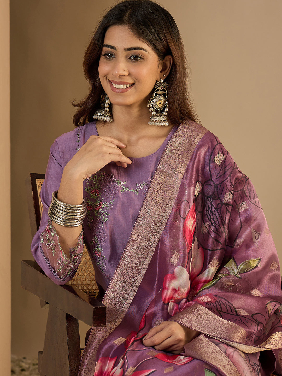 Braahmi Lavender Embroidery Straight Kurta Pant with Dupatta Suits