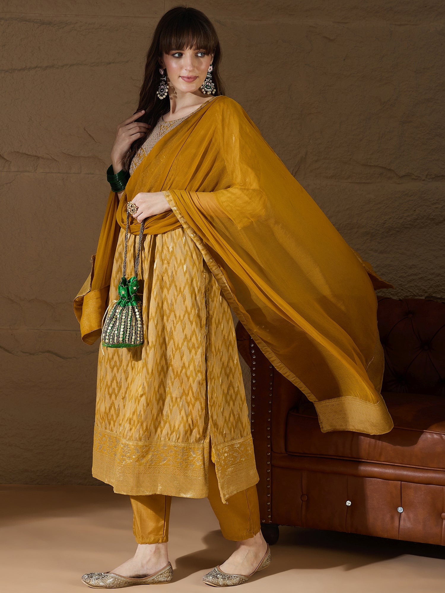 Damyanti Mustard Cotton Silk Embellished Flared Suit Set