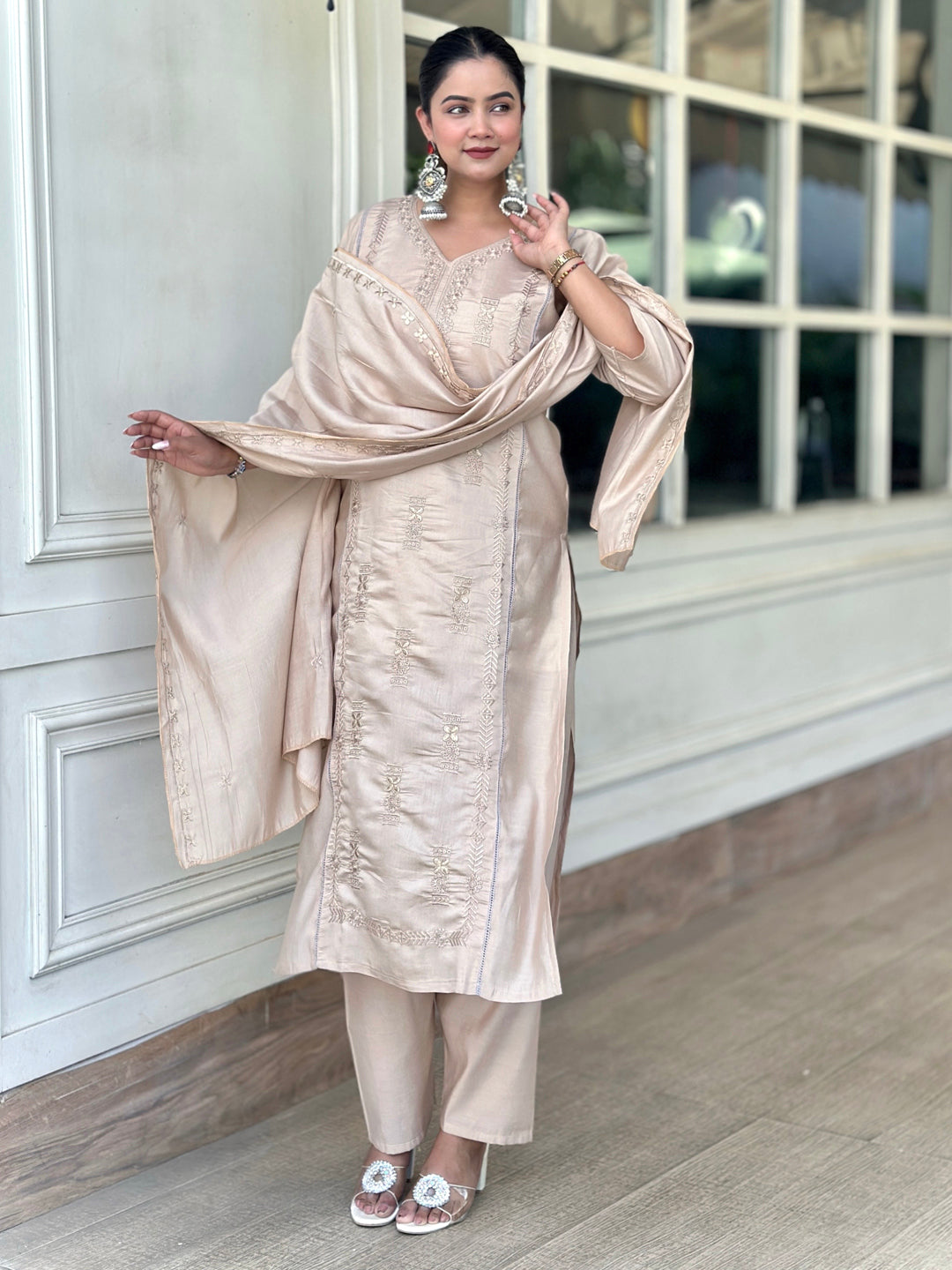 Smira Beige Kurta and Pant Dupatta Sets Silk Blend Fabrics with Embroidery