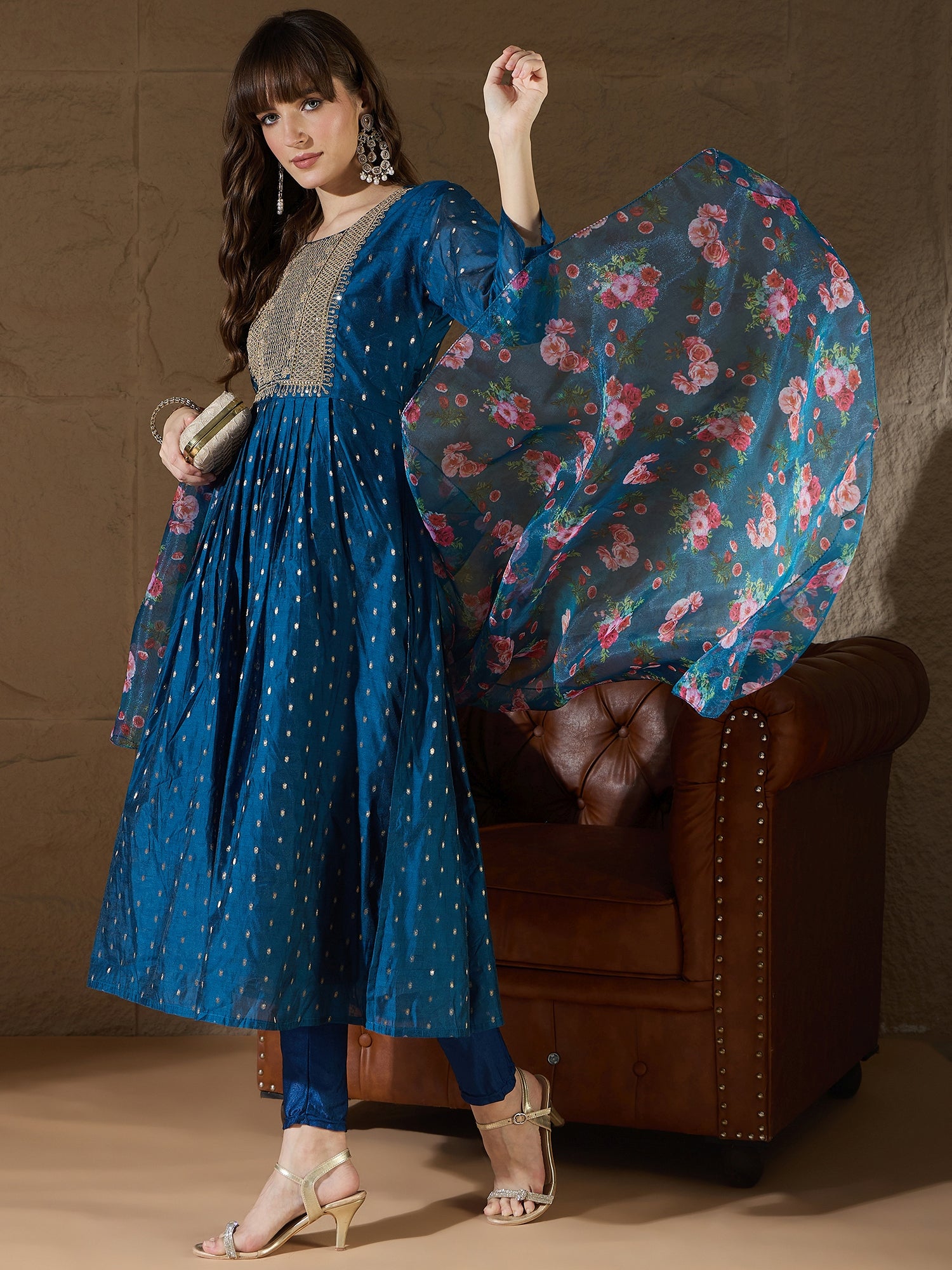 Yashvi Teal Women Kurta and Leggings Duppata Set Chanderi Modal Butti