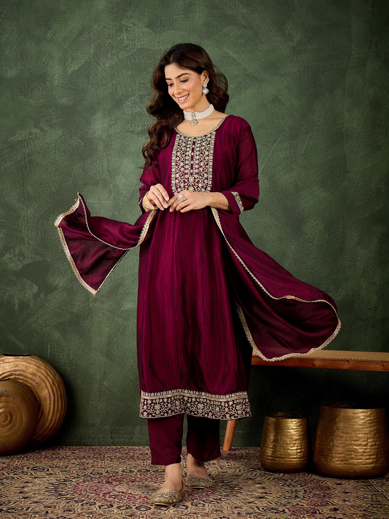 Ekaaya Women's Embroidered Silk Blend Anarkali Kurta Pant With Dupatta Set