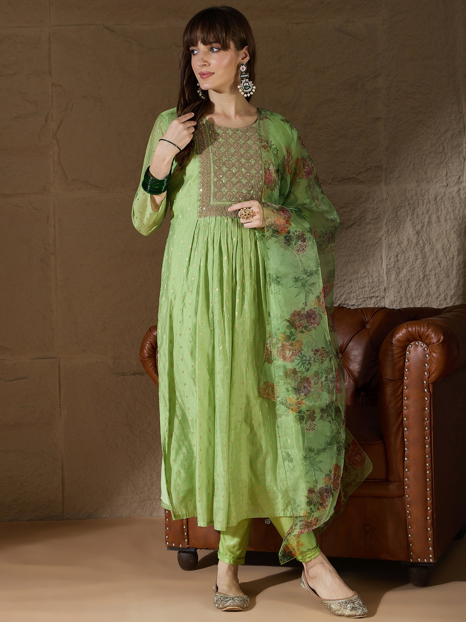 Adityika Mehndi Women Kurta and Leggings Duppata Set Chanderi Modal Butti