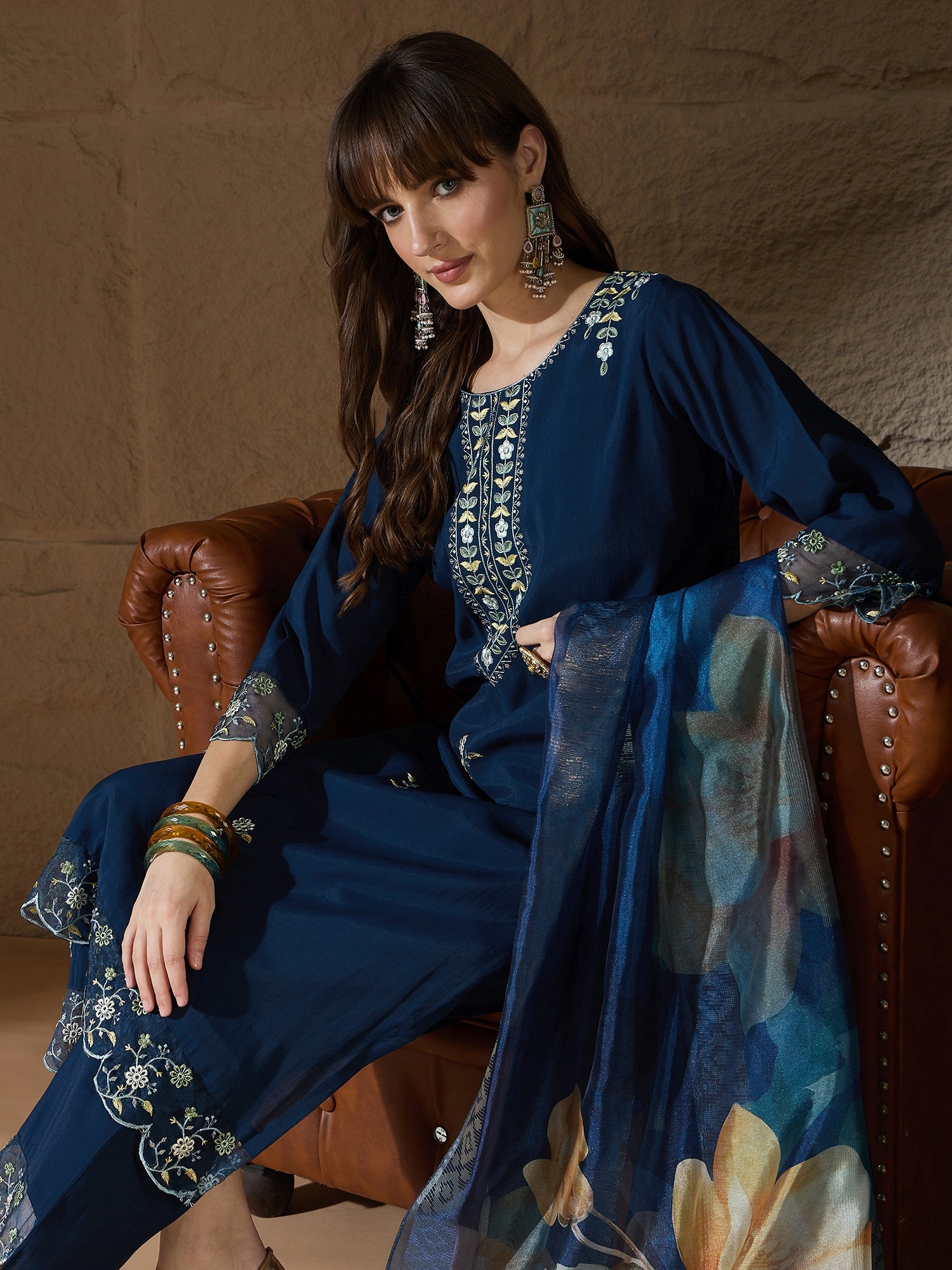 Yogini Silk Blend Blue Embroidered Design Straight Kurta suits