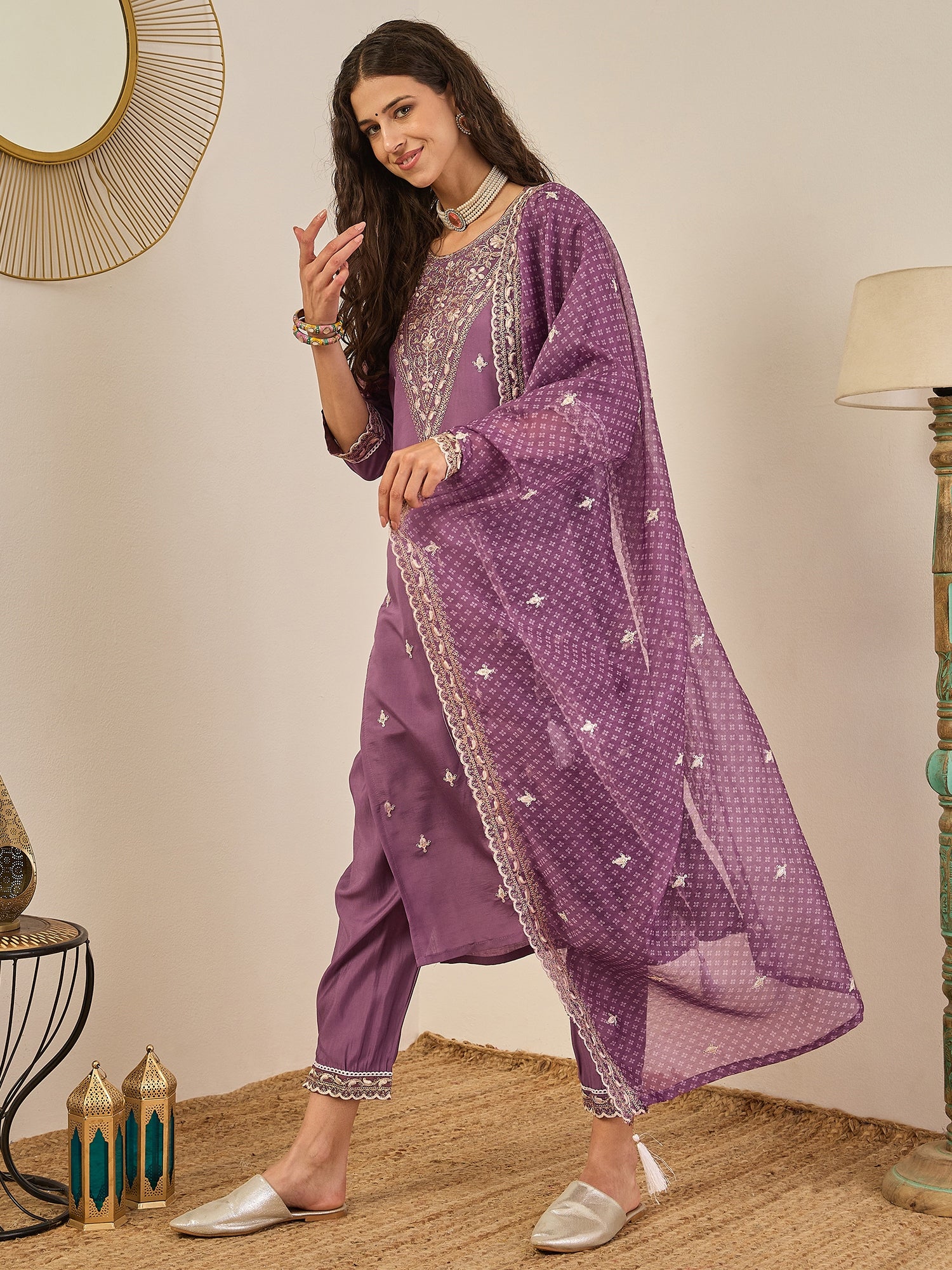 Rahi Mauve Embroidered Silk Blend Straight Suit With Orangza Dupatta Ready to Wear Ethnic Outfit