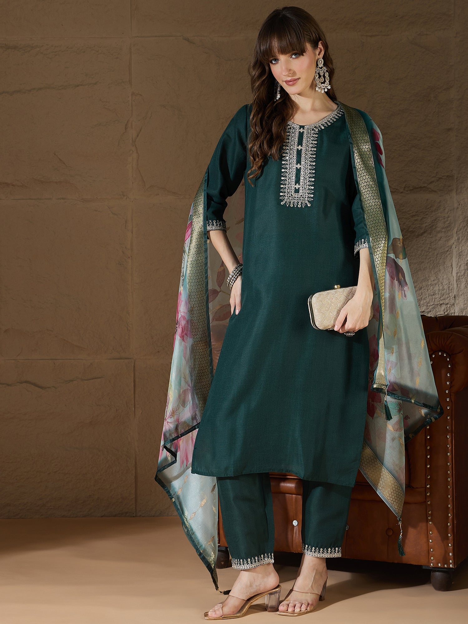 Haimavati Green Women Kurta and Trousers Pant Sets Cotton Blend