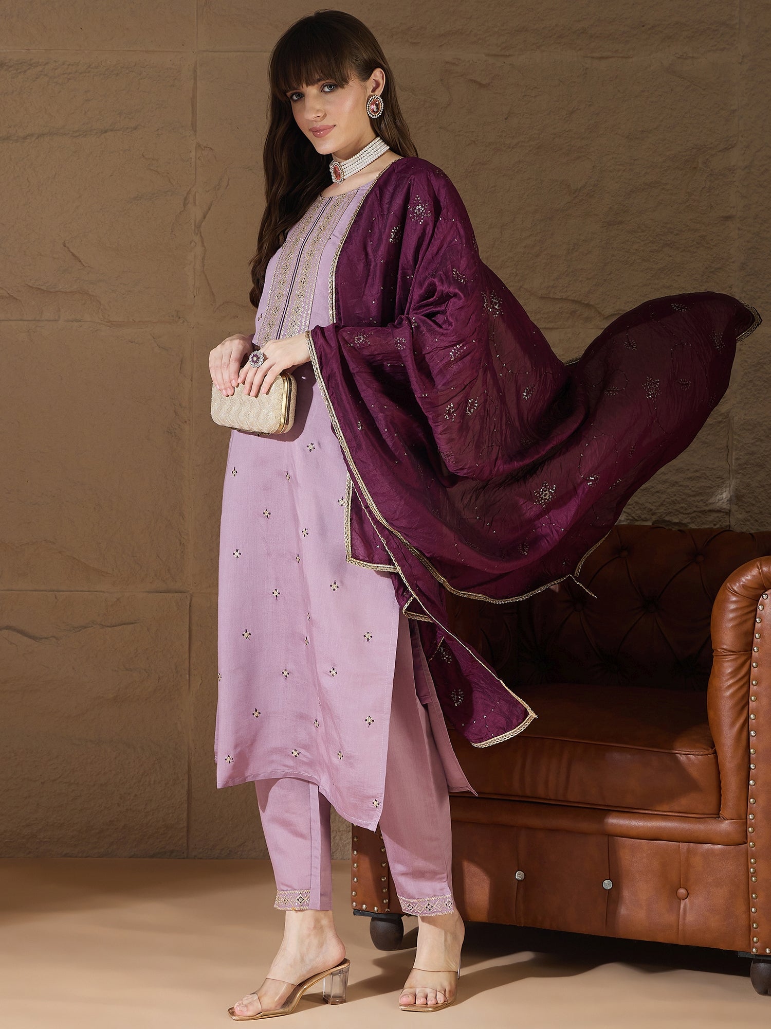 Suhasini lavender Women Kurta and Pant Sets Silk Blend Fabric