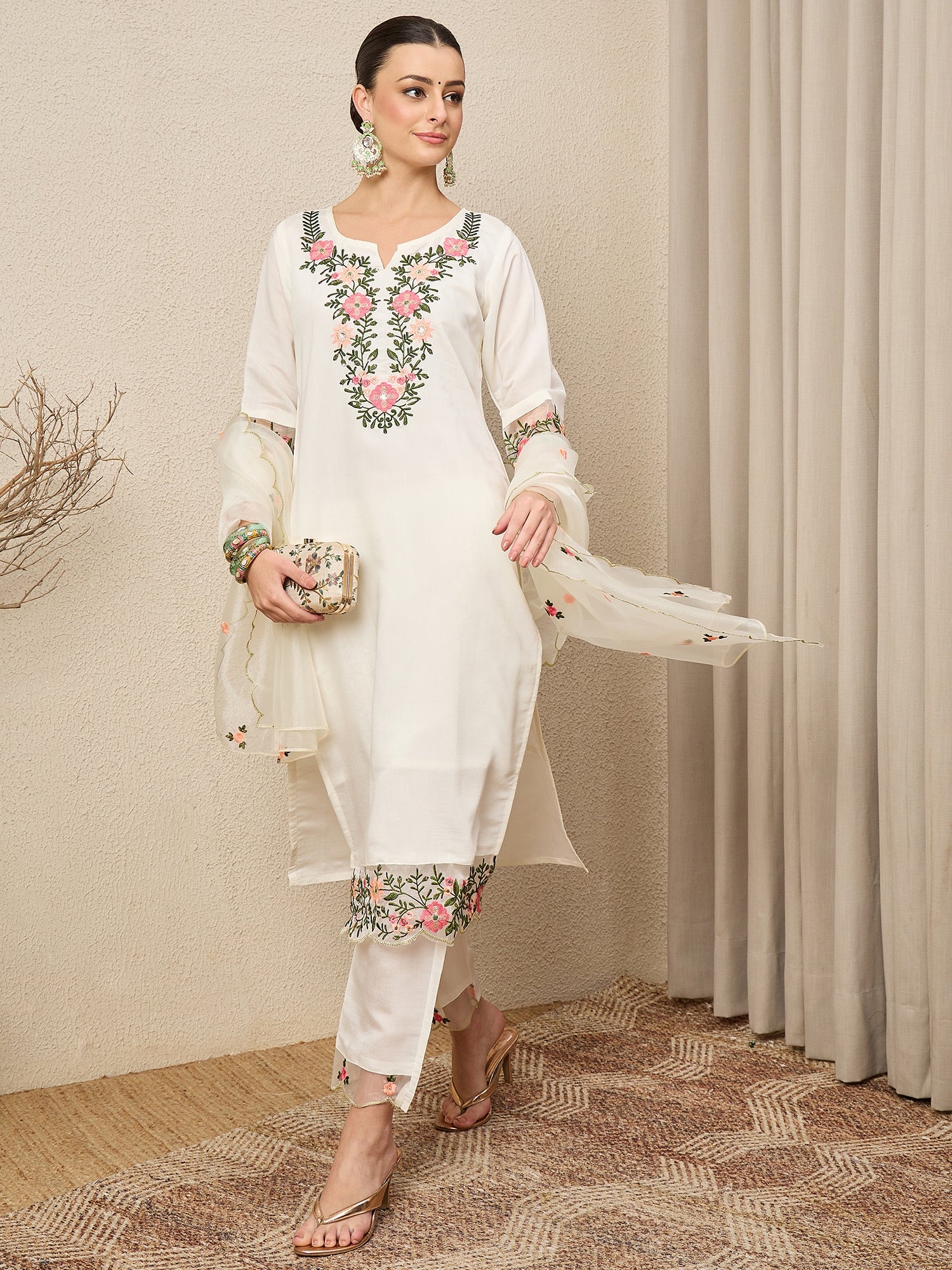 Rajvadi White Women's Embroidered Silk Blend Calf Length Straight Kurta Trouser with Dupatta Set