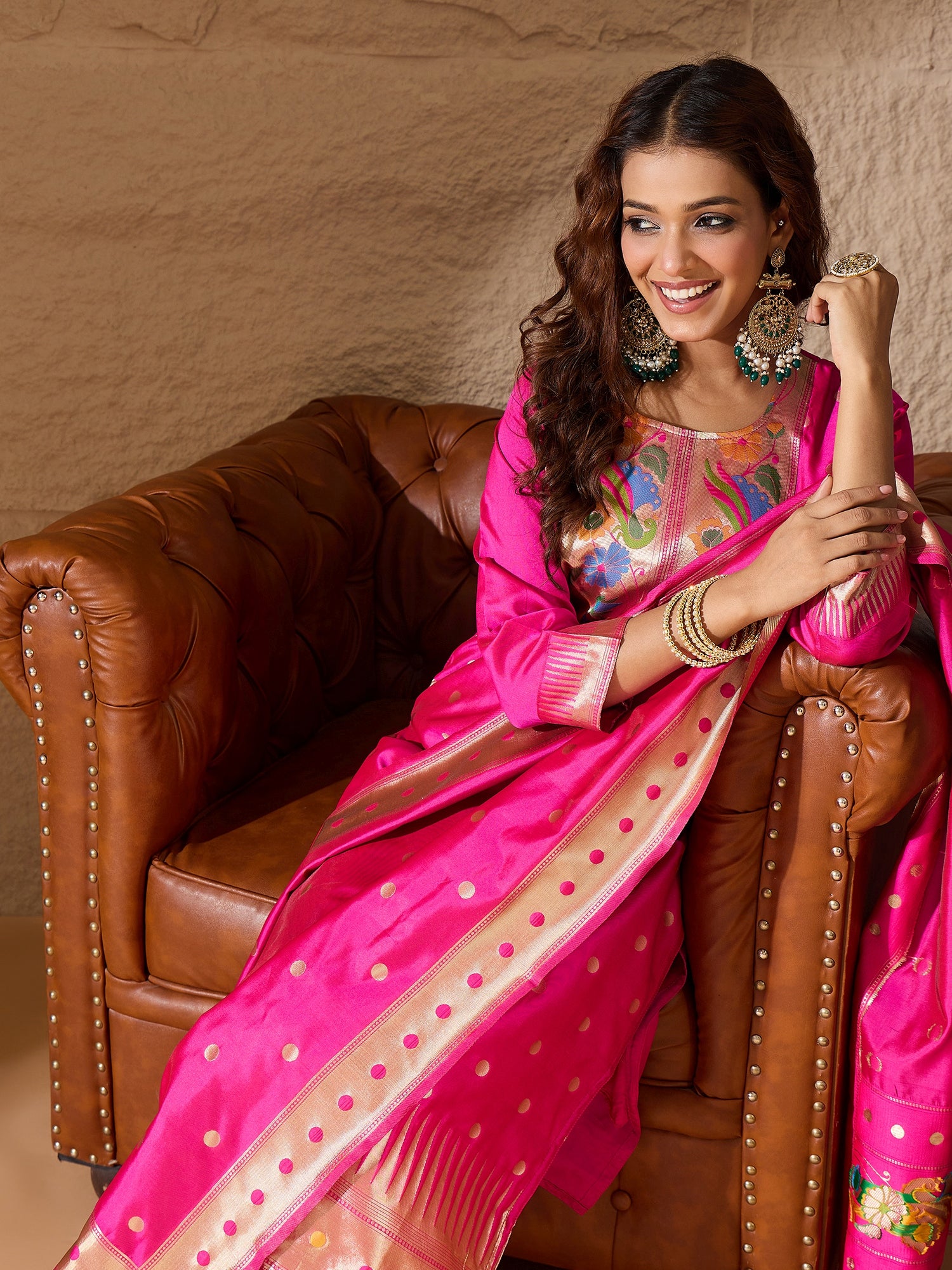 Palak Pink Cotton Silk Jacquard Kurta Pant With Banarasi Silk dupatta