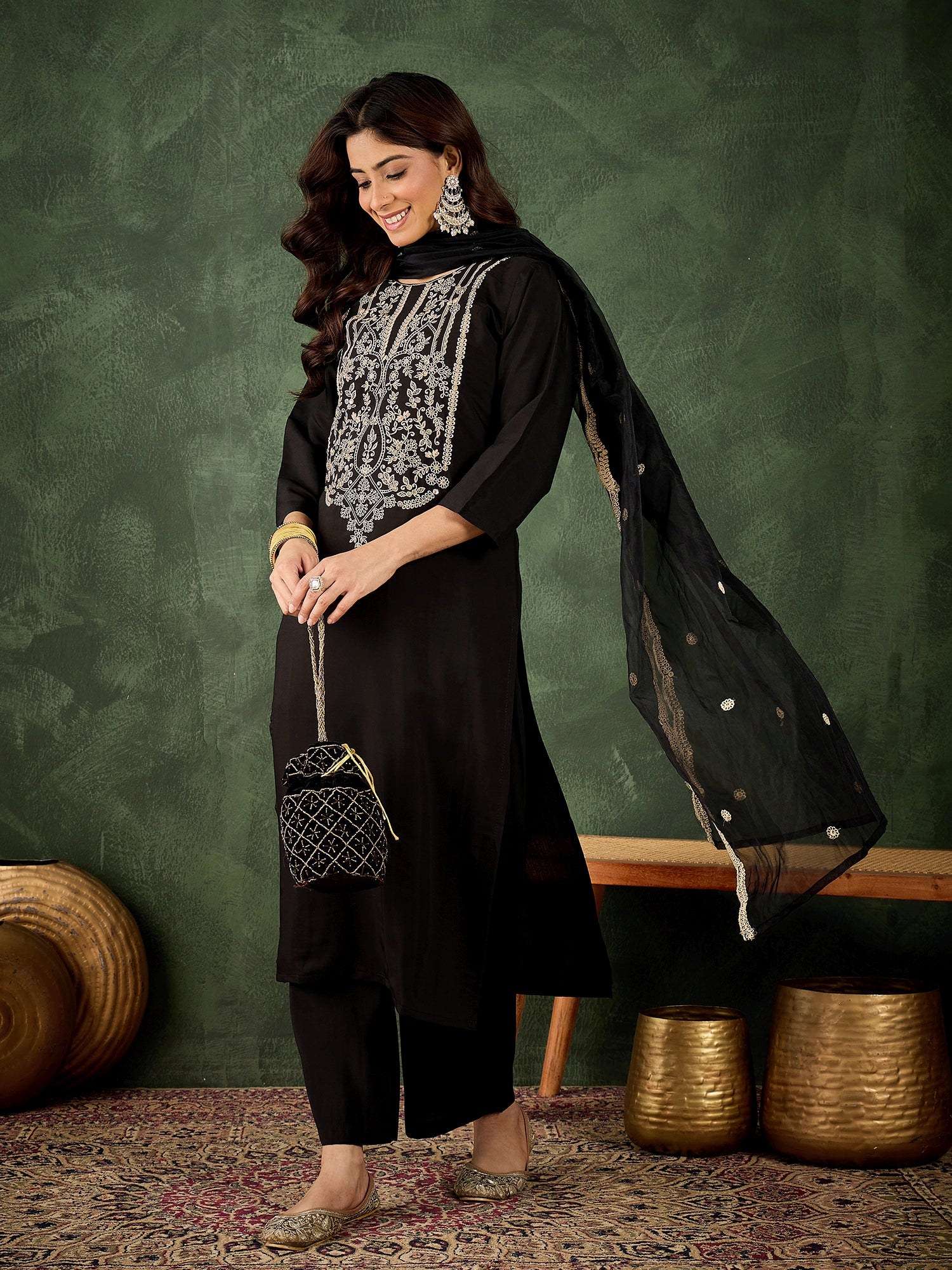 Aarti  Women's Embroidered Silk Blend Calf Length Straight Kurta with Palazzo & Dupatta Set