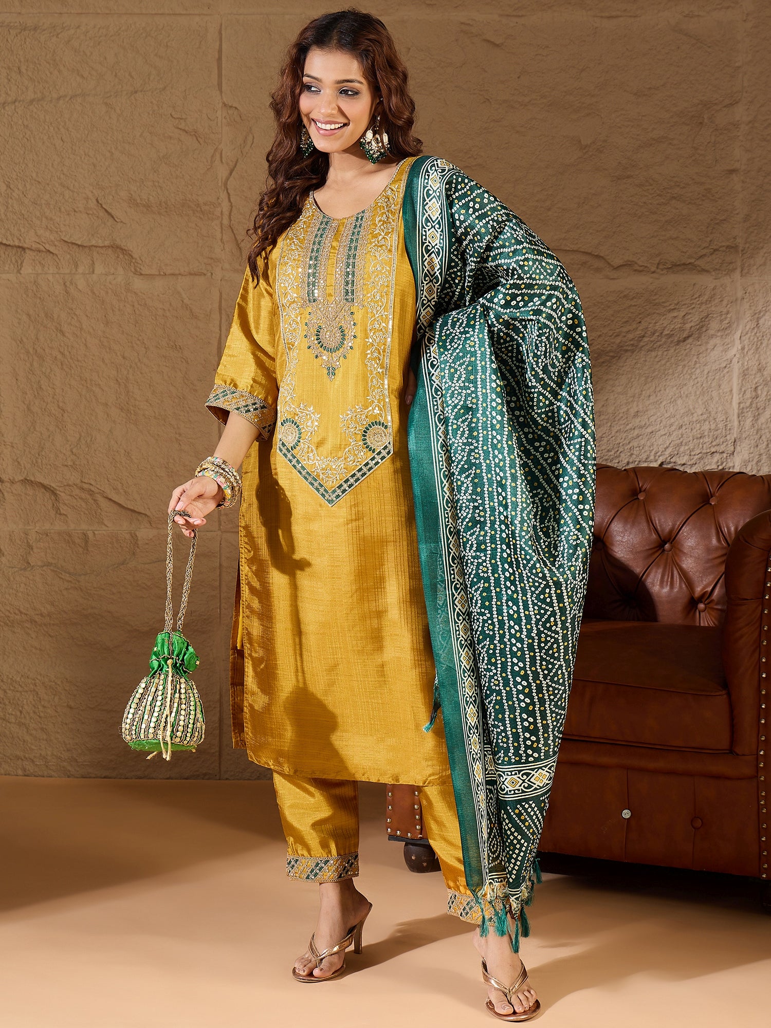 Devira Embroidered Silk Blend Calf Length Straight Kurta Trouser with Dupatta Set