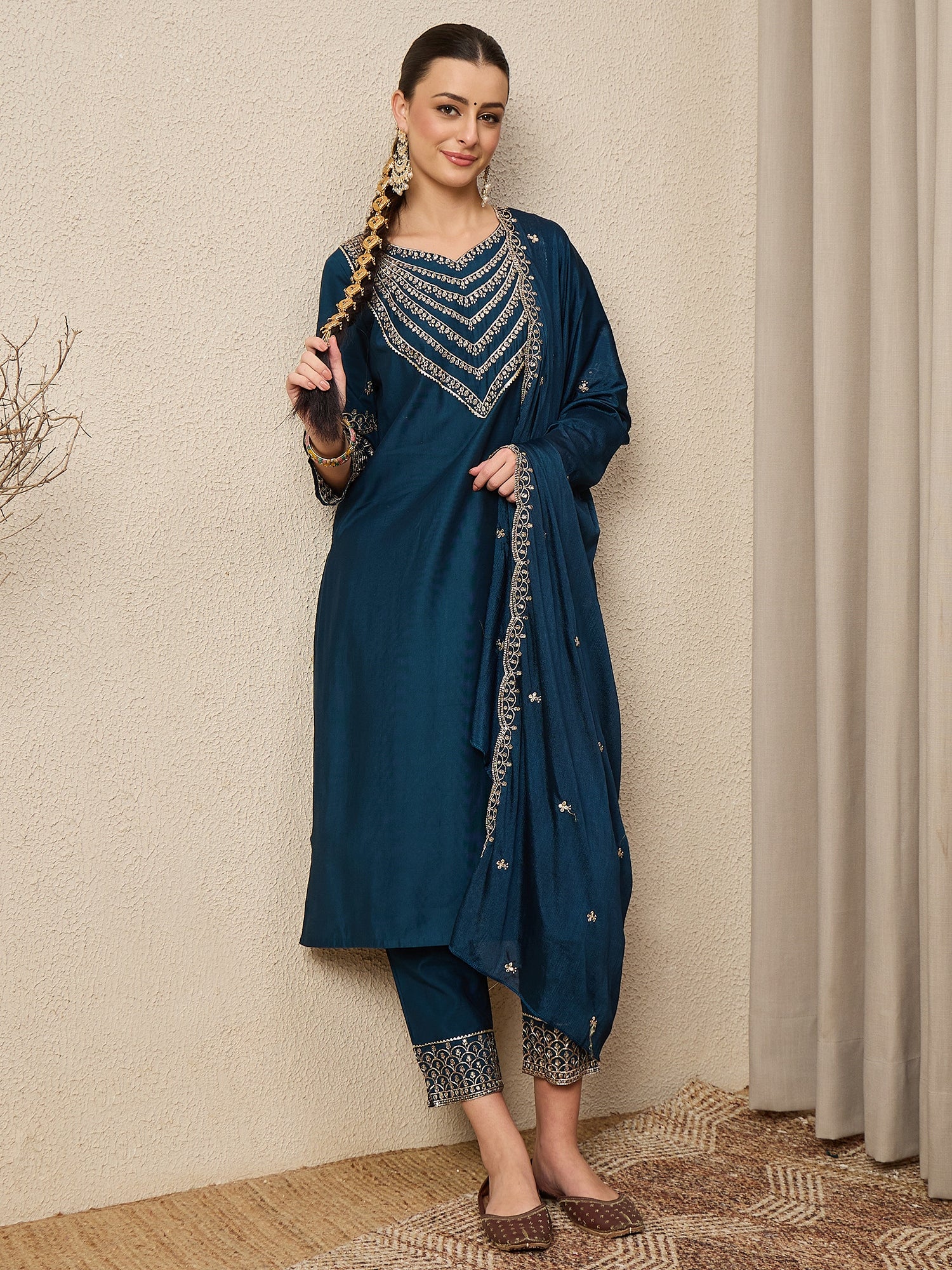 Anika Teal Ethnic Motifs Embroidered Straight Kurta with Trousers & Dupatta