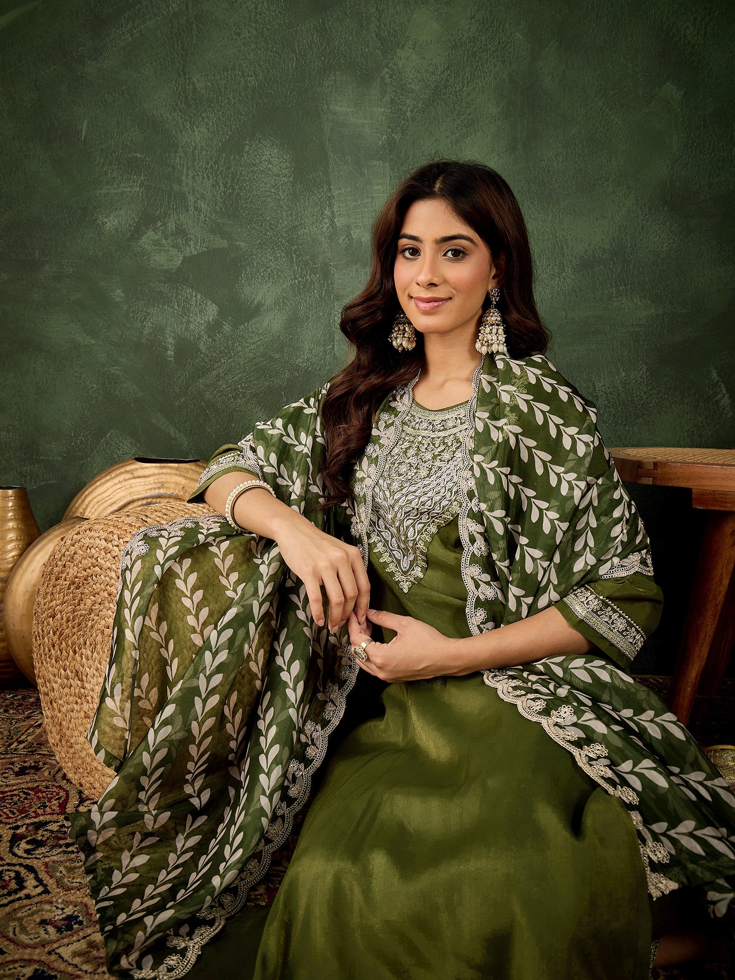 Vastrika Women's Embroidered Silk Blend Calf Length Straight Kurta Trouser with Dupatta Set